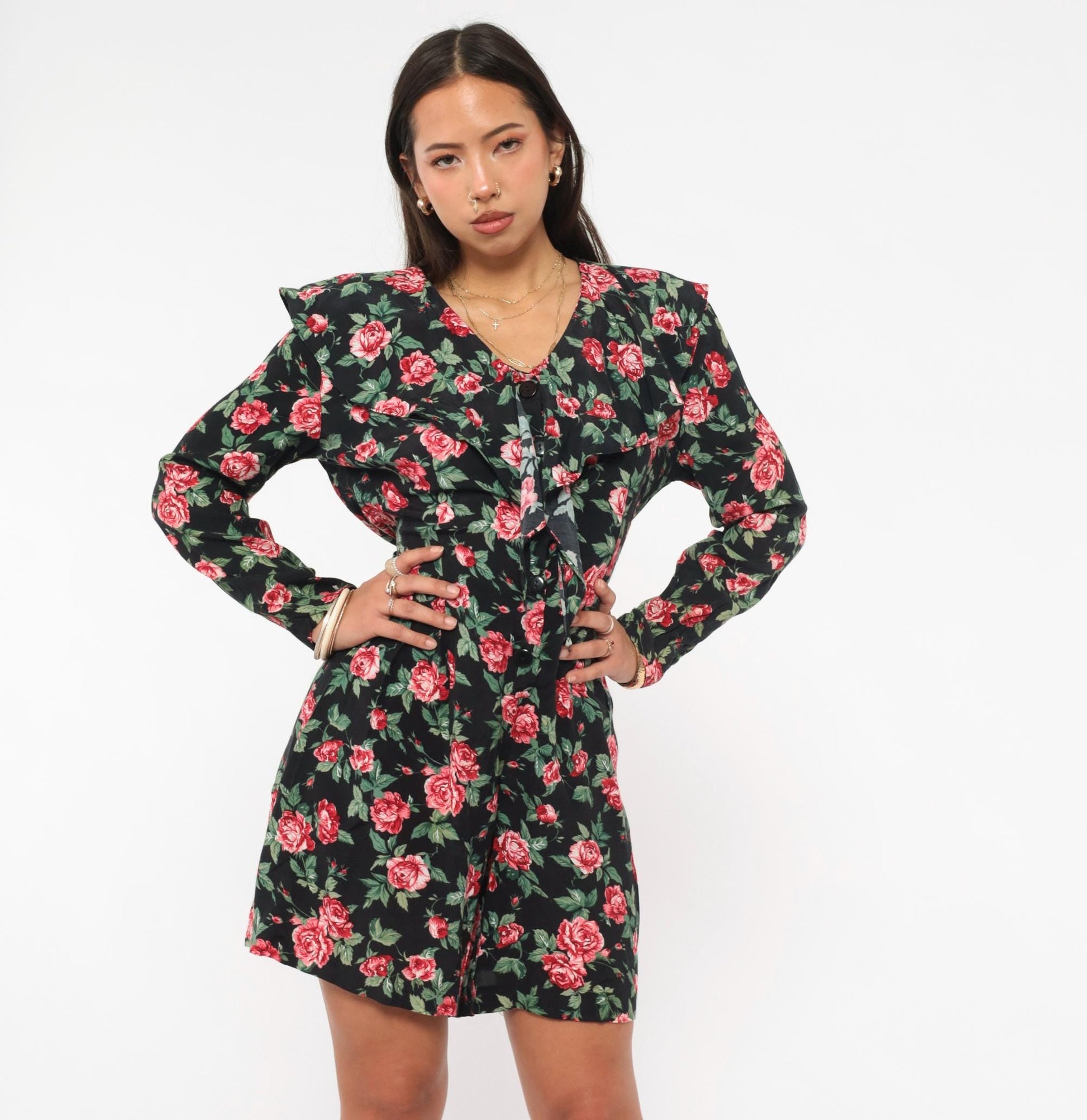 90s Rampage Rose Print Mini Dress Black Floral V-Neck Ruffle Long Sleeve Small