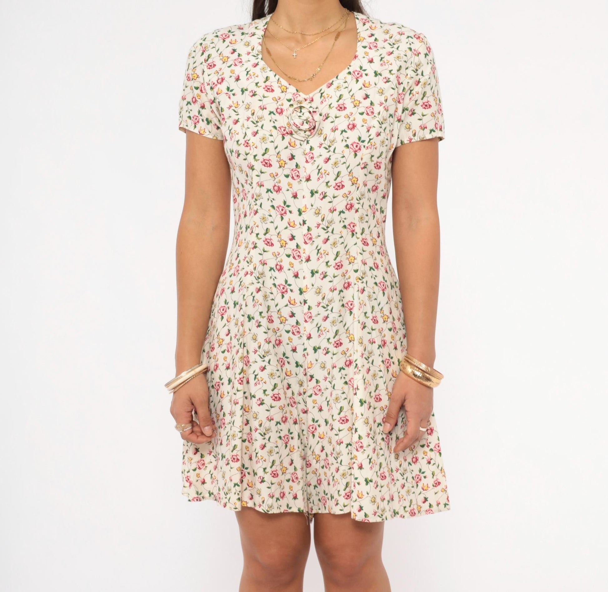 90s Spoiled Girls Floral Mini Romper Cream Rose Print V-Neck Cutout Extra Small XS