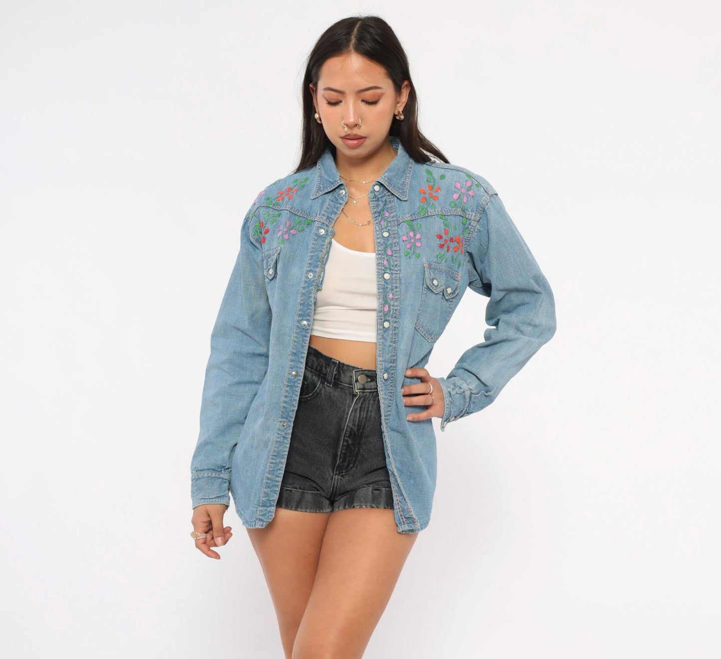 70s Light Wash Denim Western Shirt Floral Embroidered Pearl Snap Medium