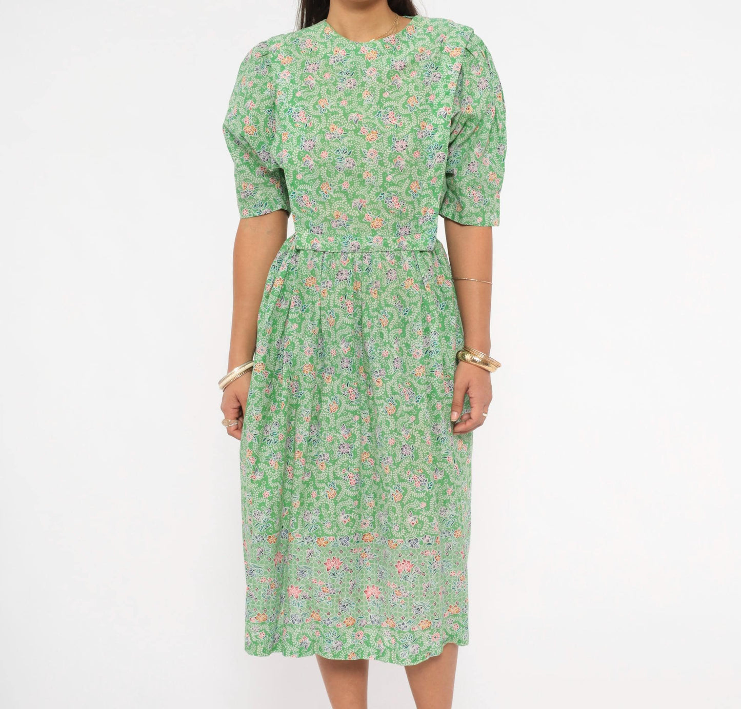 70s Jane Schaffhausen Floral Midi Dress Puff Sleeve Cotton Green Botanical Medium M