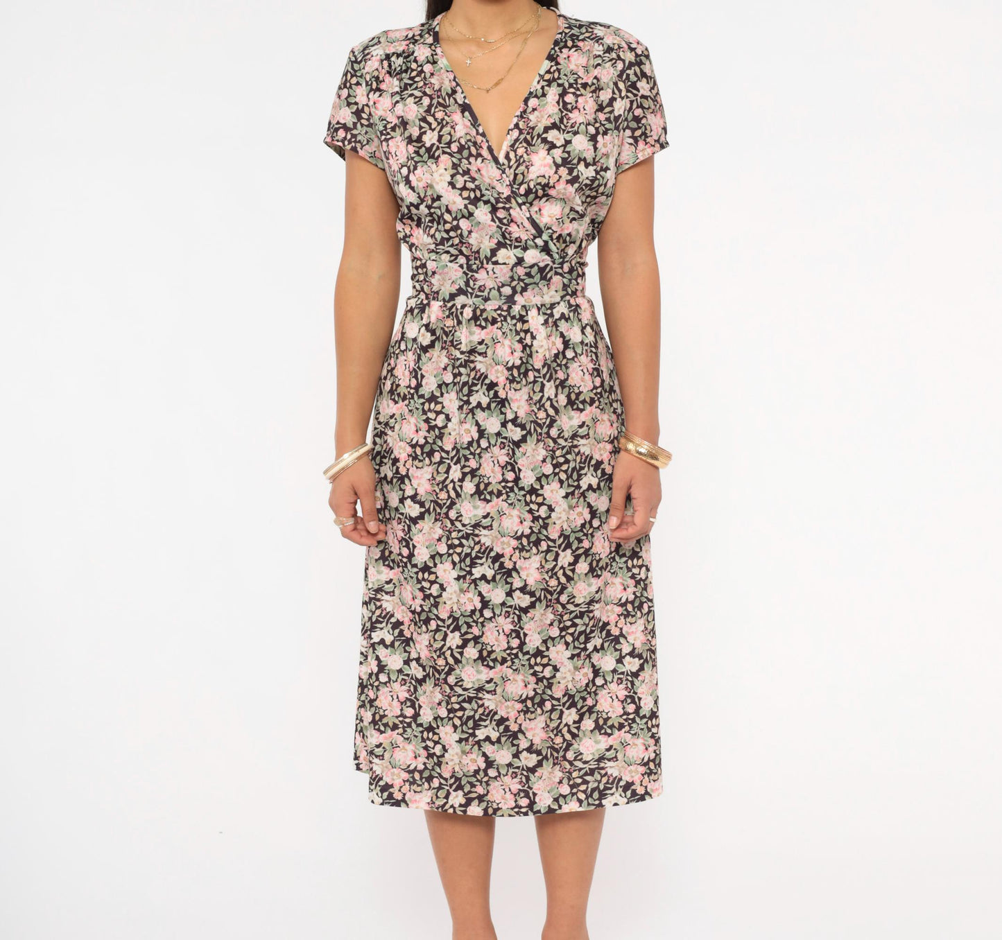 90s Mr. Duval Floral Wrap Dress Midi Garden Print Brown Pink Large L
