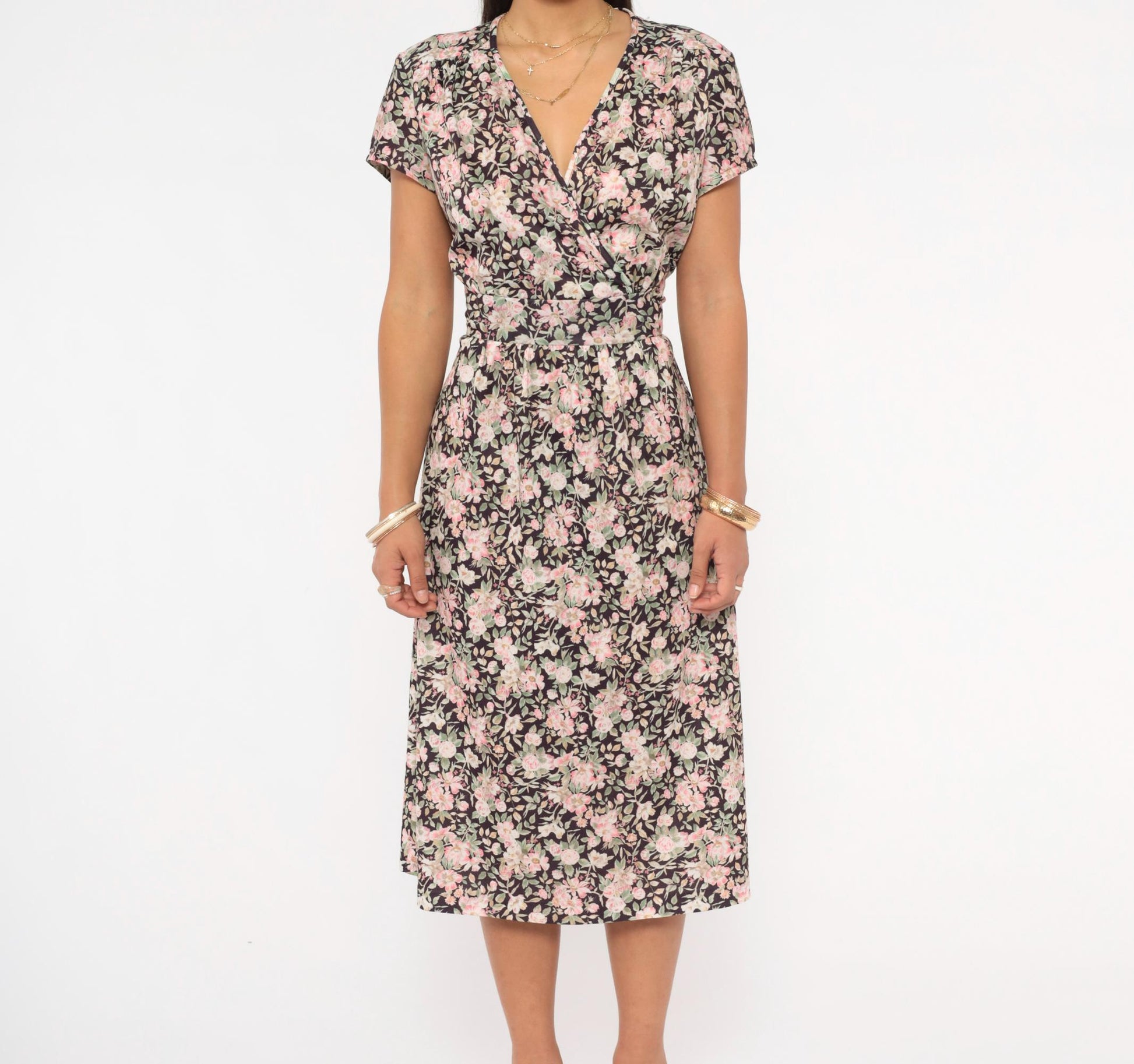 90s Mr. Duval Floral Wrap Dress Midi Garden Print Brown Pink Large L