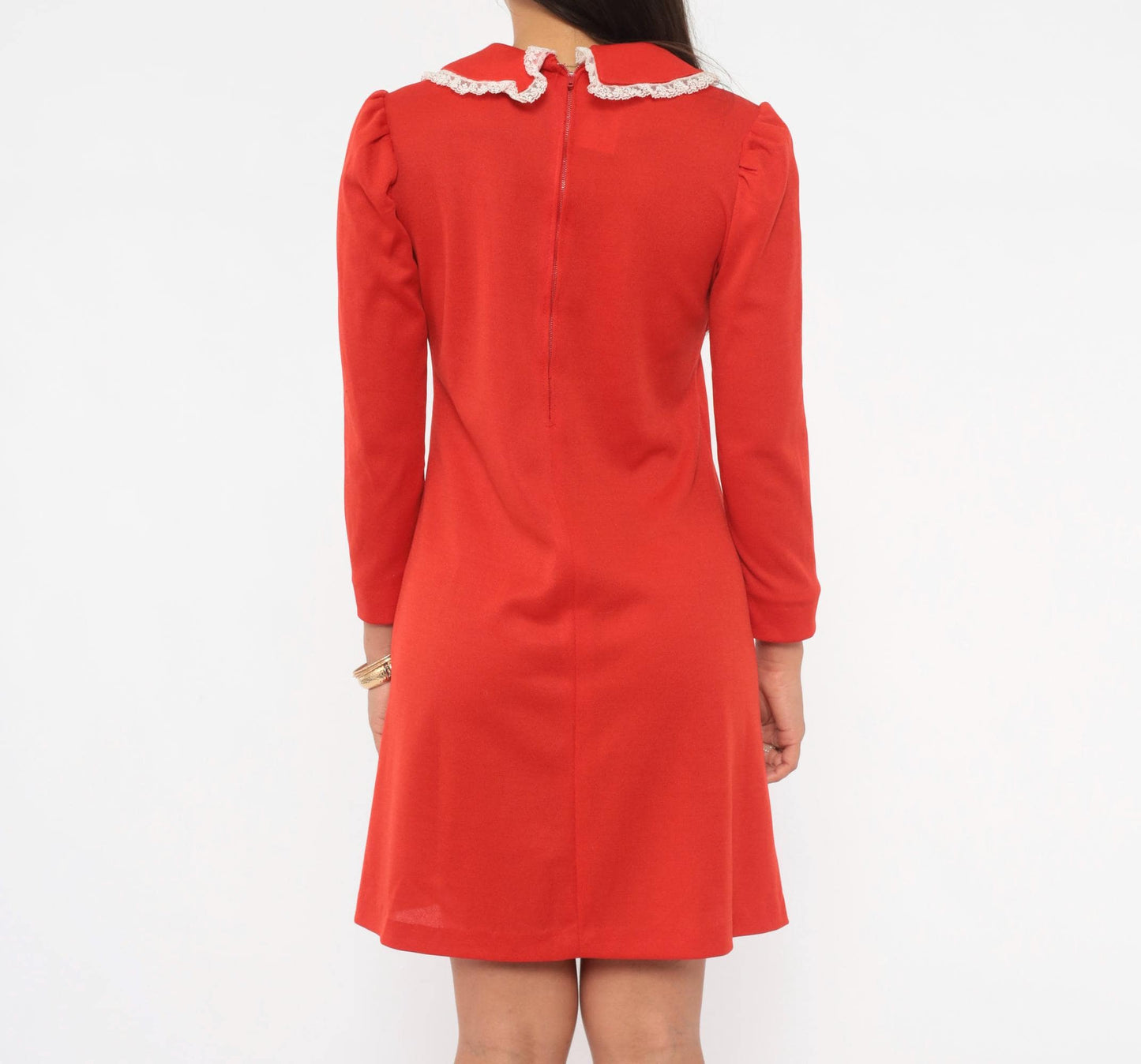 70s Red Mini Dress Peter Pan Collar Puff Sleeve Empire Waist Medium