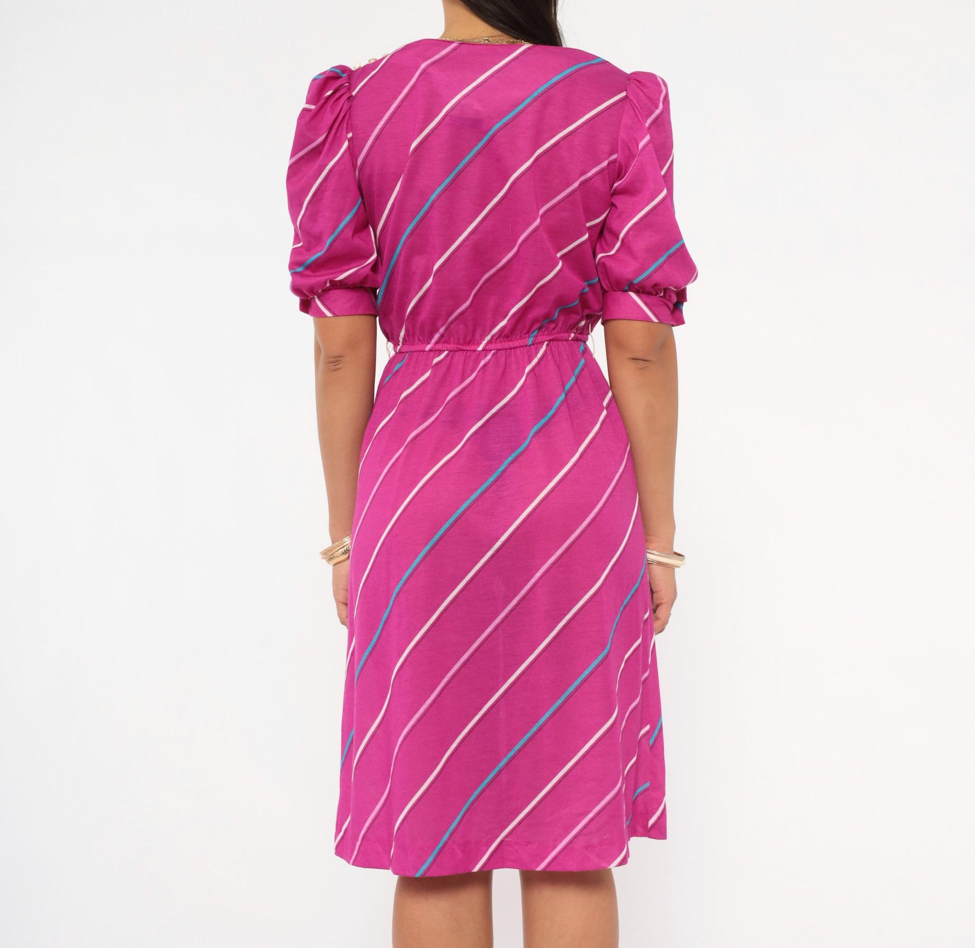 80s Joni Blair Magenta Striped Dress Puff Sleeve Boat Neck Knee Length Small