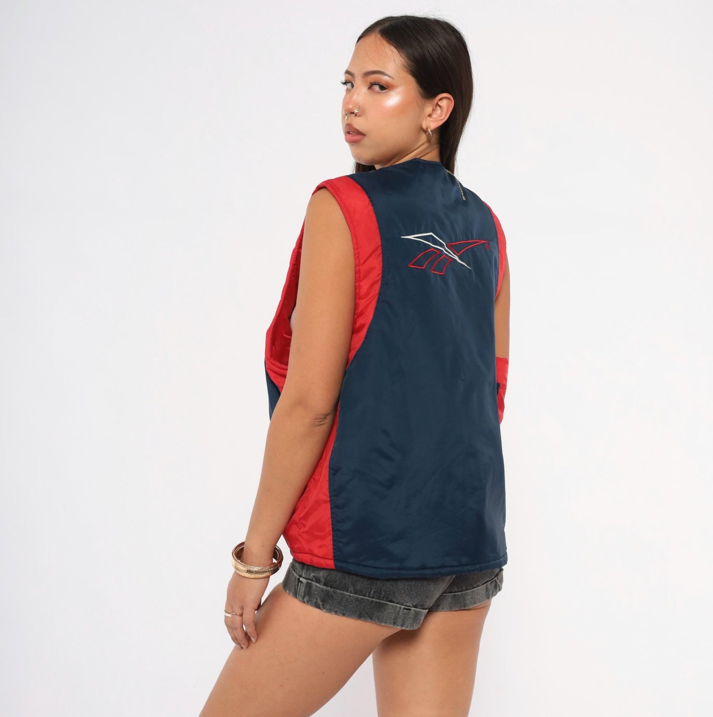 90s Reebok Colorblock Puffer Vest Navy Red Embroidered Logo Large L