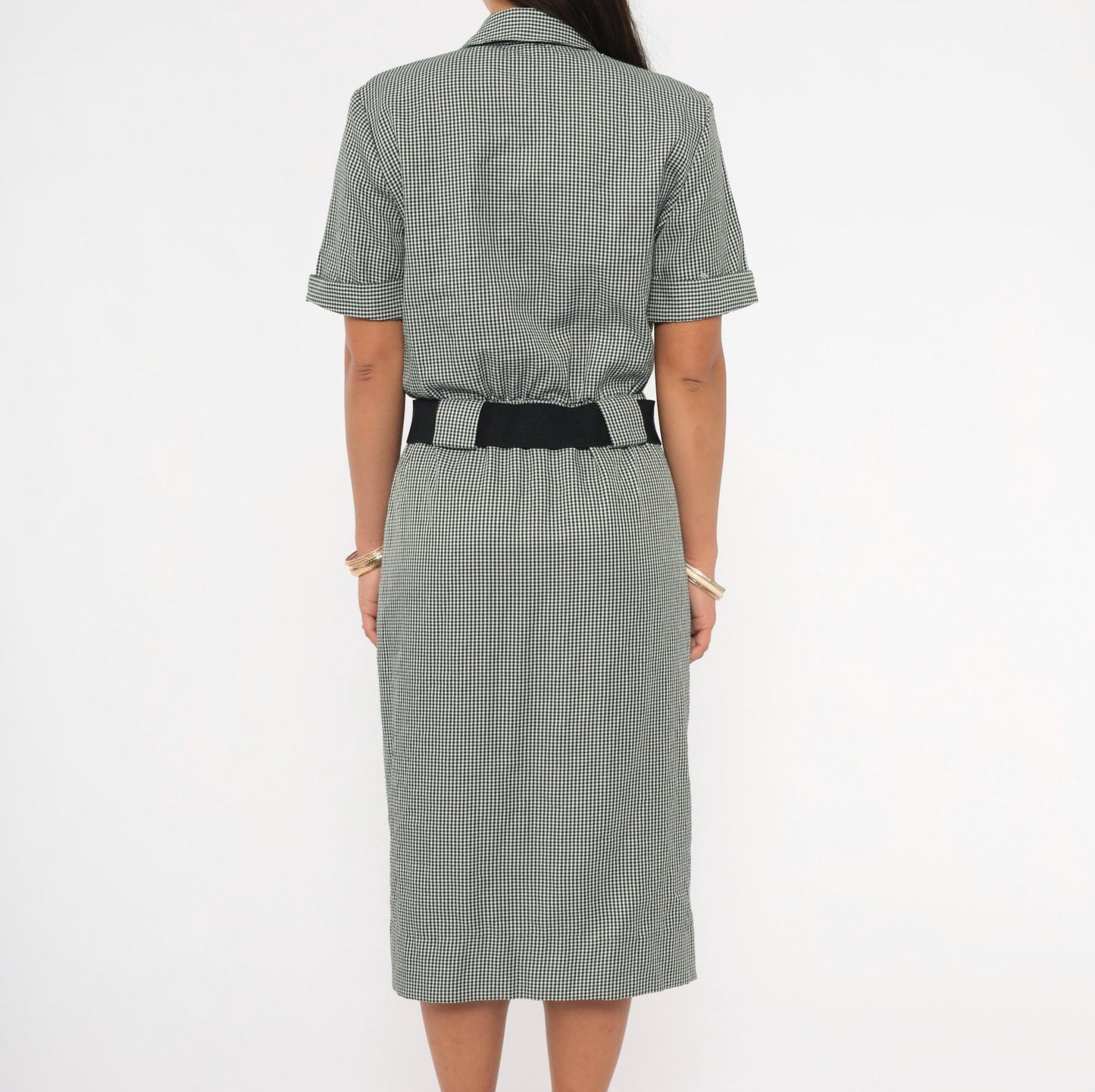 90s Black White Houndstooth Shirt Dress Midi Belted Pencil Skirt Small