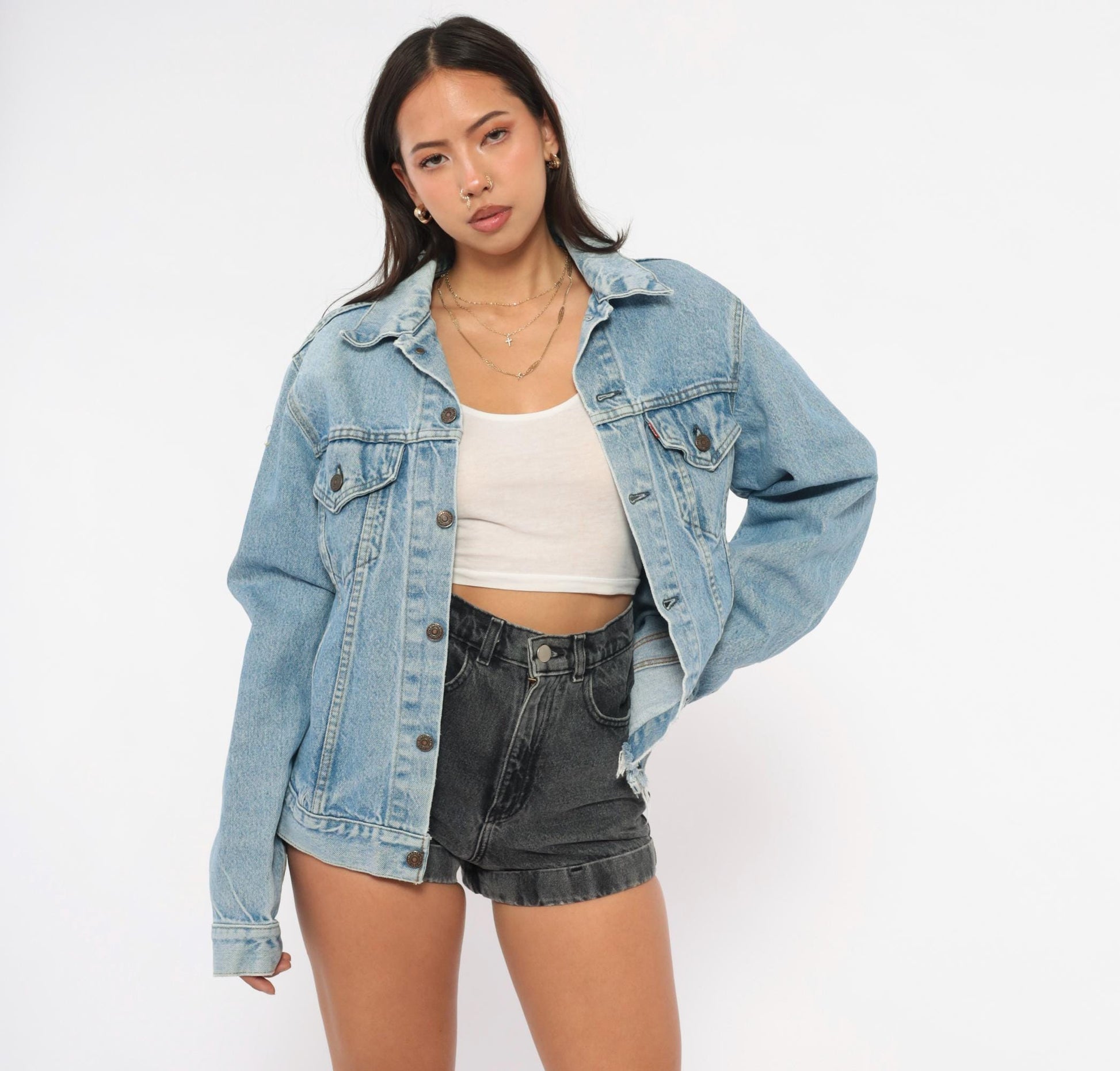 70s Levis Trucker Jacket Light Blue Denim Cotton Button Front Medium