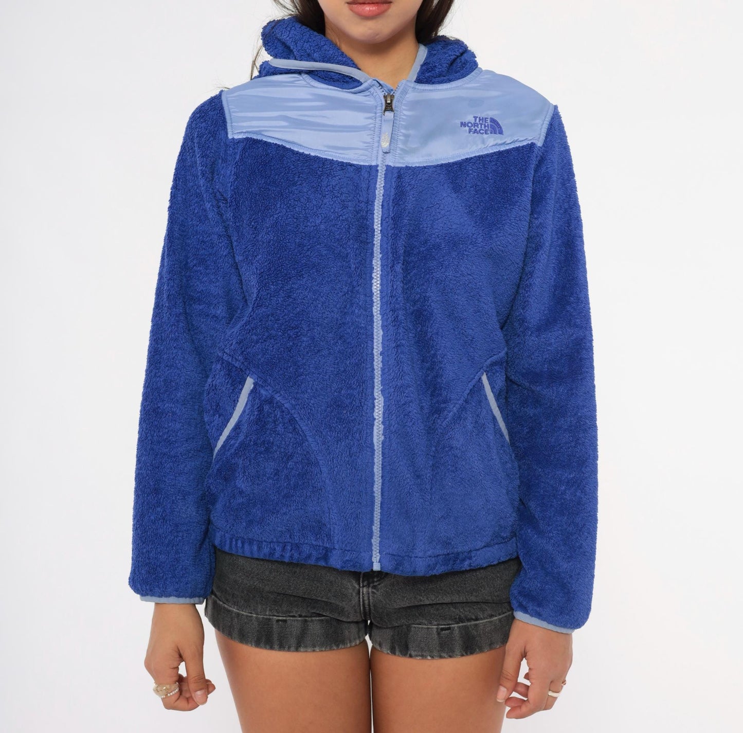 Y2K North Face Cobalt Blue Sherpa Fleece Hooded Jacket Small S