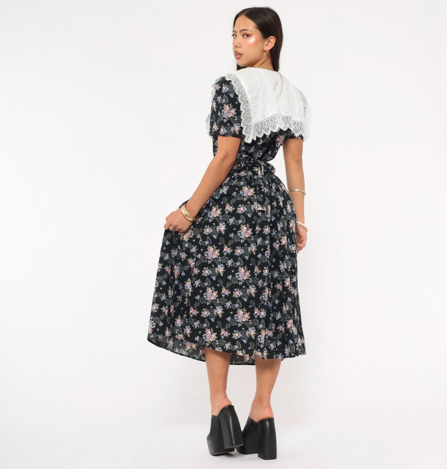 80s Eber Navy Floral Midi Dress Lace Collar Cotton Paisley Medium M