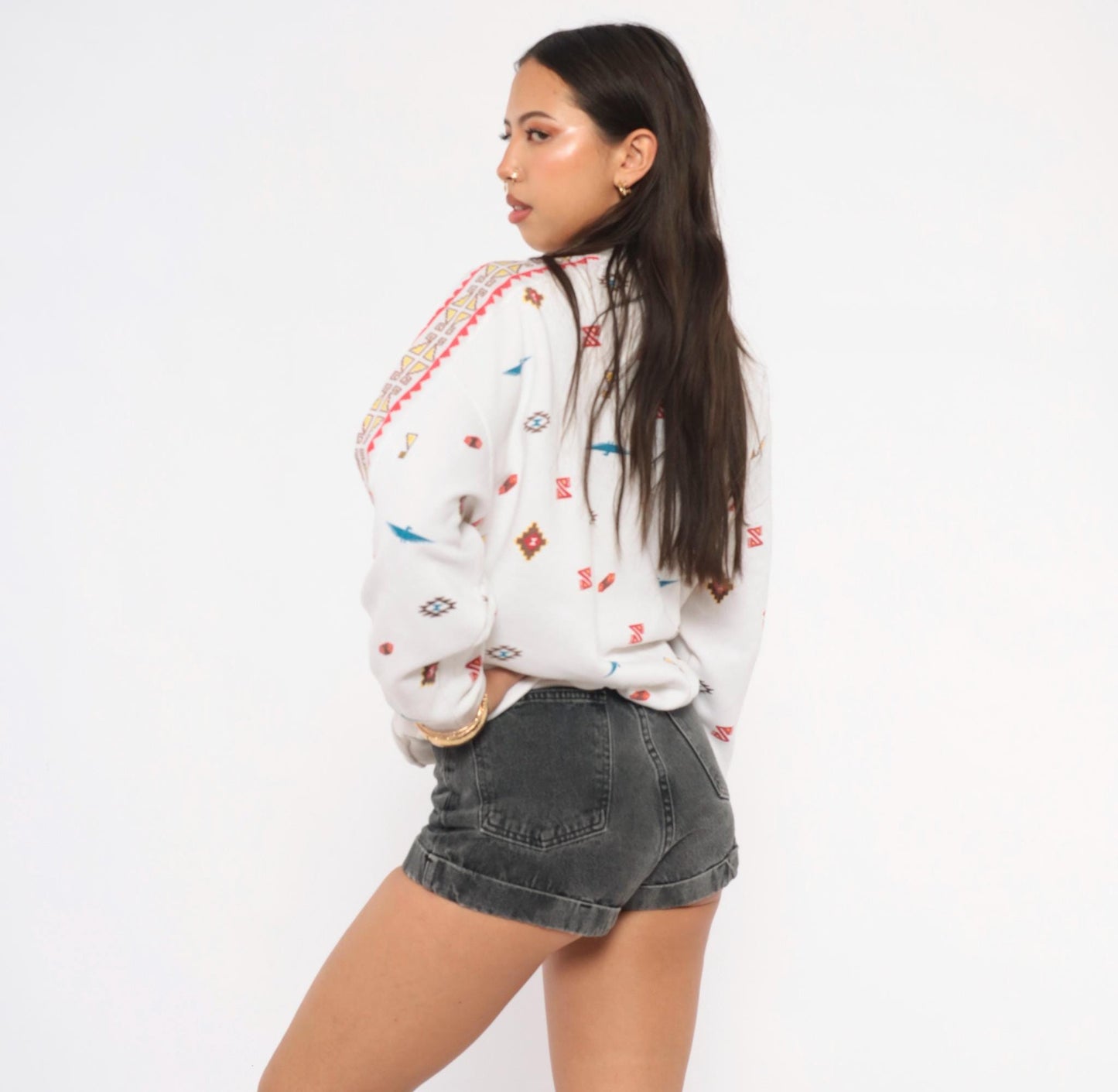 90s Steppingstones Southwestern Quarter-Zip Pullover White Thunderbird Large L