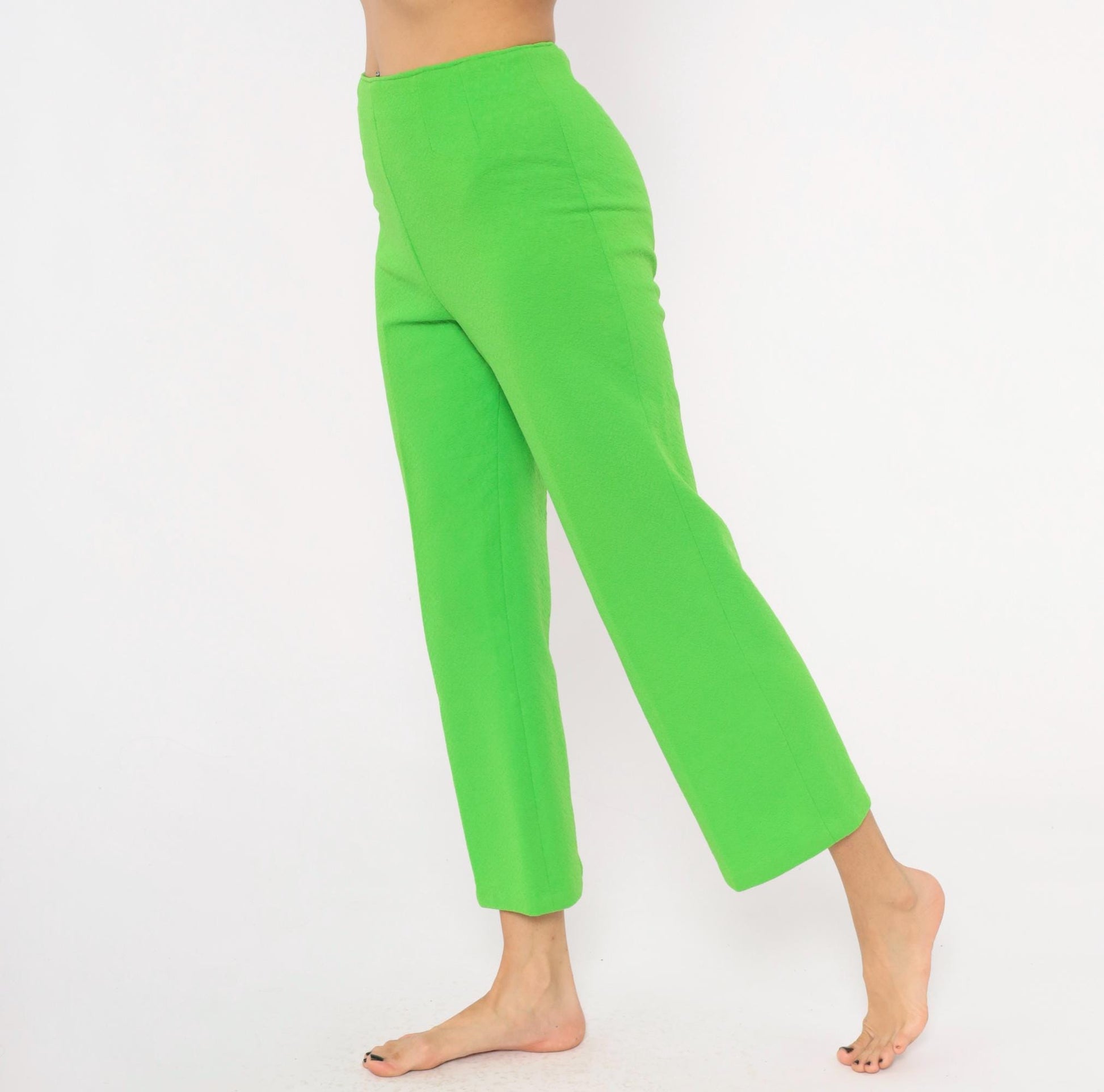 70s Lime Green High-Waist Wide Leg Flare Pants Ankle Length Small S