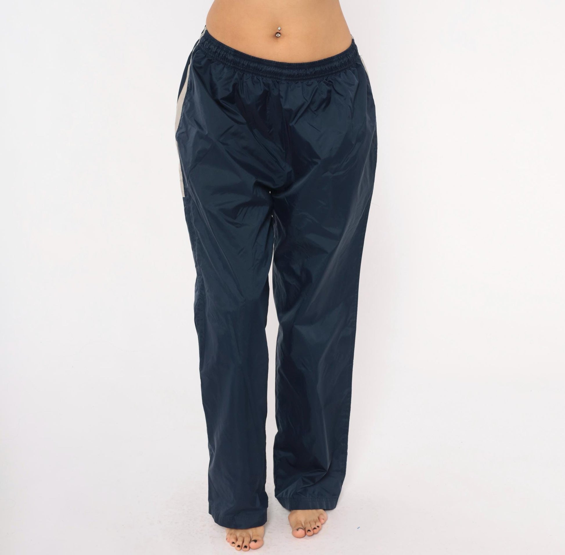 90s Reebok Navy Track Pants Nylon Elastic Waist Straight Leg Large L