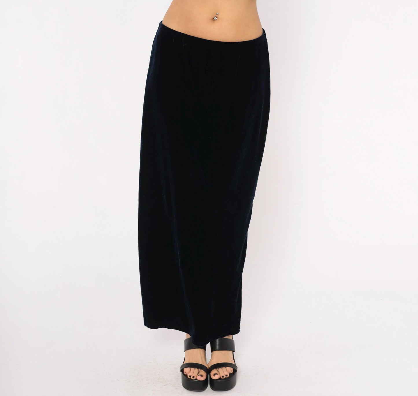 90s Navy Velvet Maxi Skirt Straight Column Ankle Length Medium Large