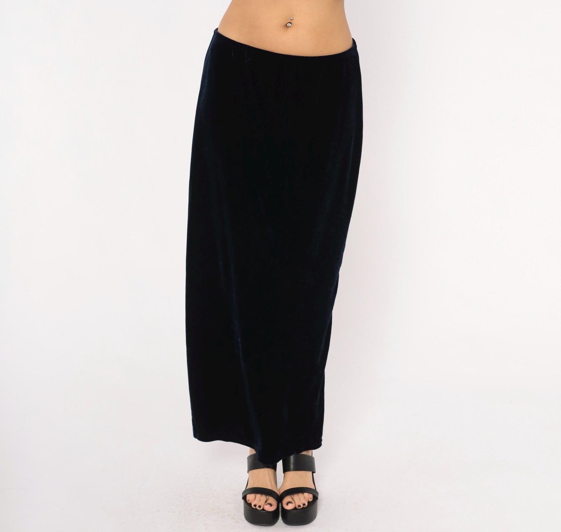 90s Navy Velvet Maxi Skirt Straight Column Ankle Length Medium Large