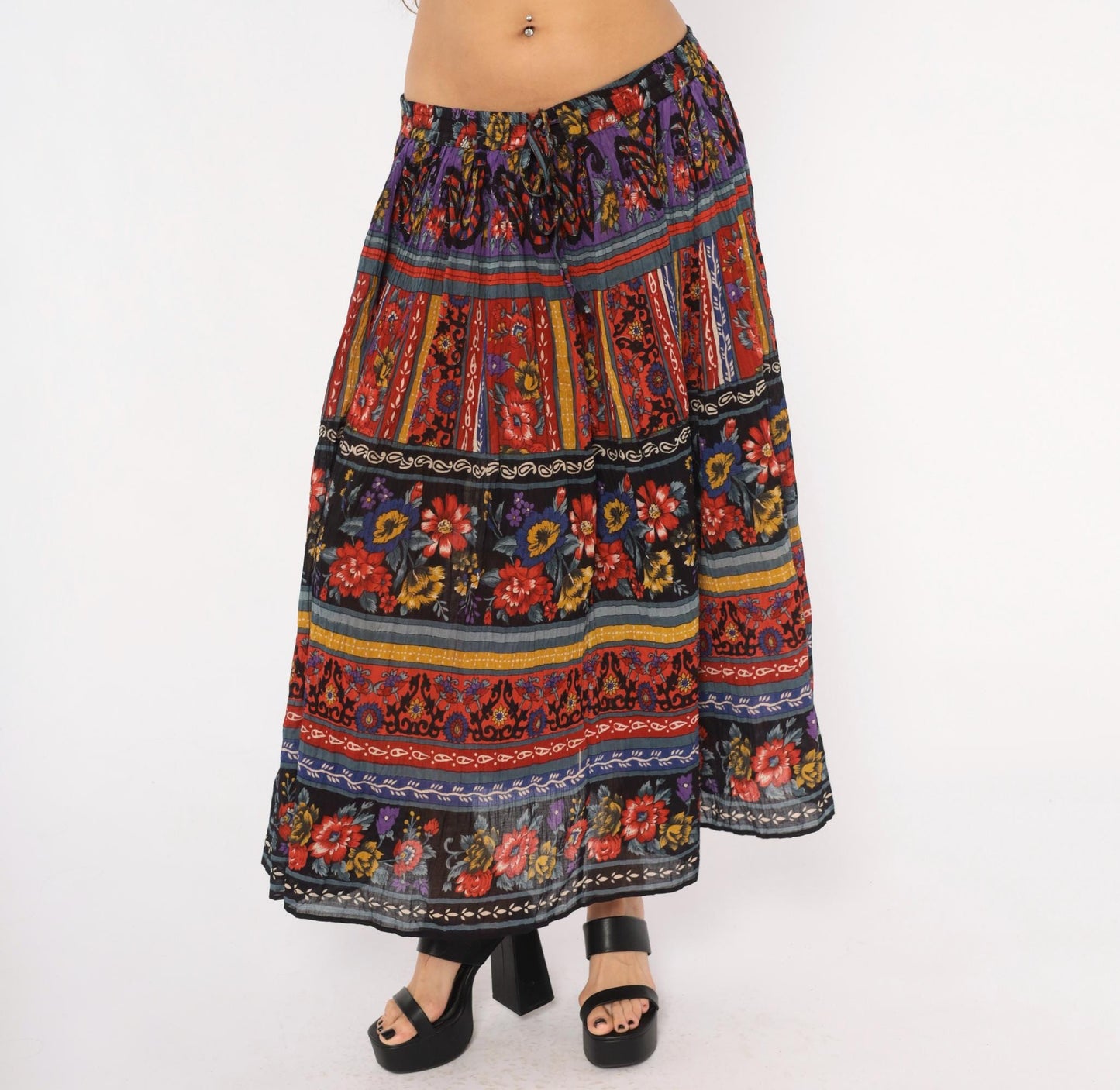 90s Phool Tiered Maxi Skirt Floral Geometric Print Cotton Plus Size 3X