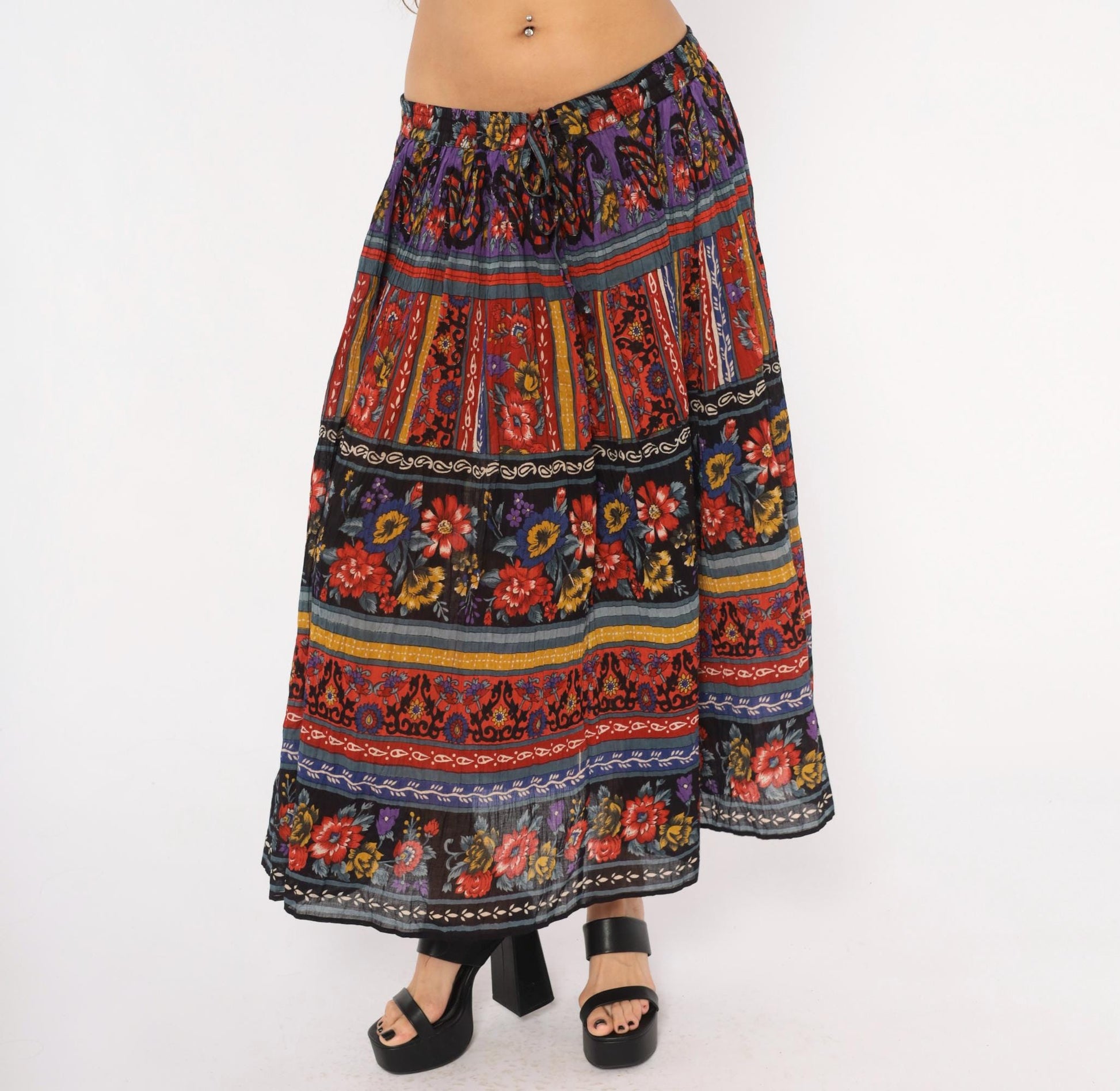 90s Phool Tiered Maxi Skirt Floral Geometric Print Cotton Plus Size 3X