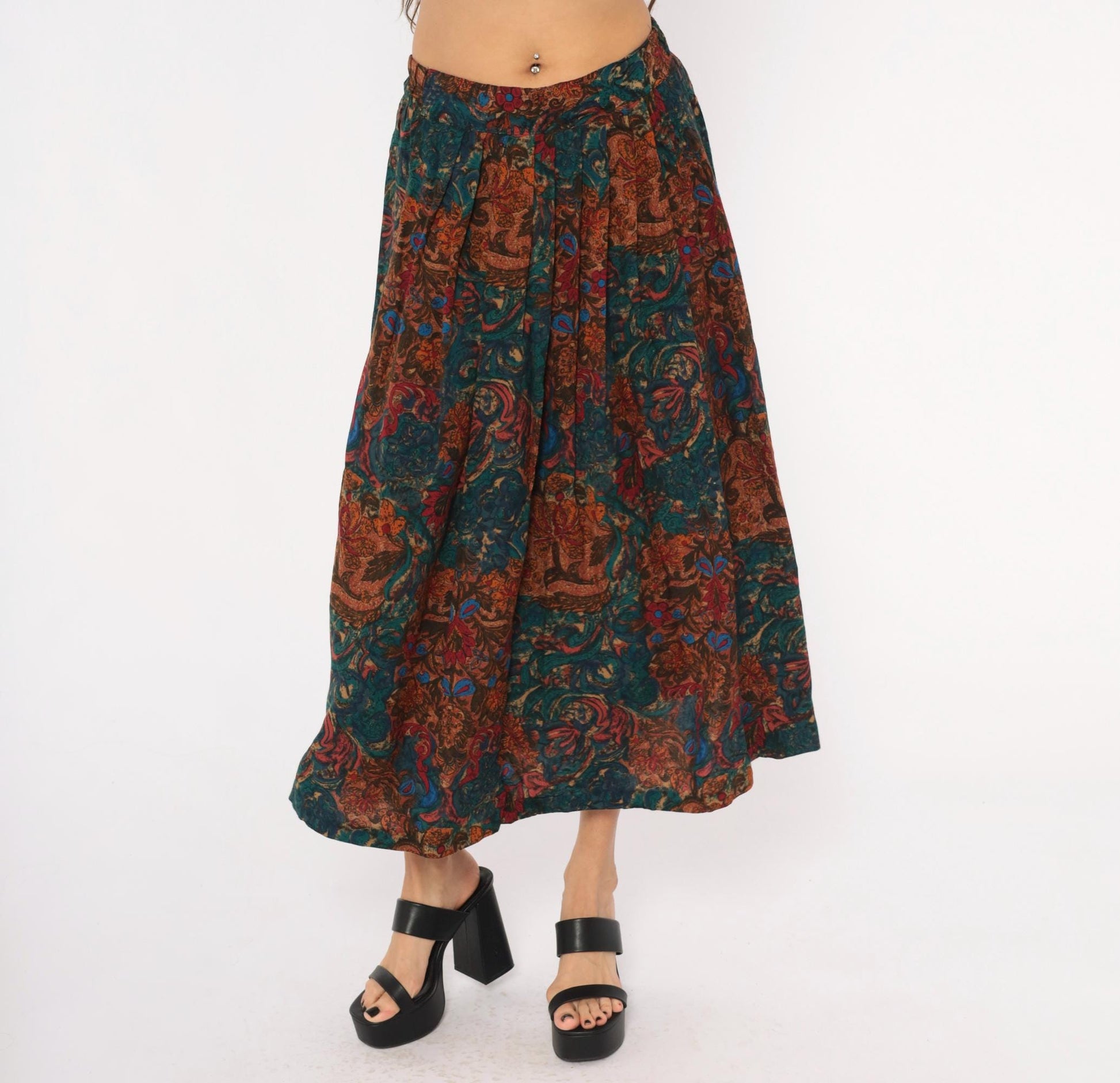 80s Ambiance New York Paisley Pleated Midi Skirt Teal Rust Small