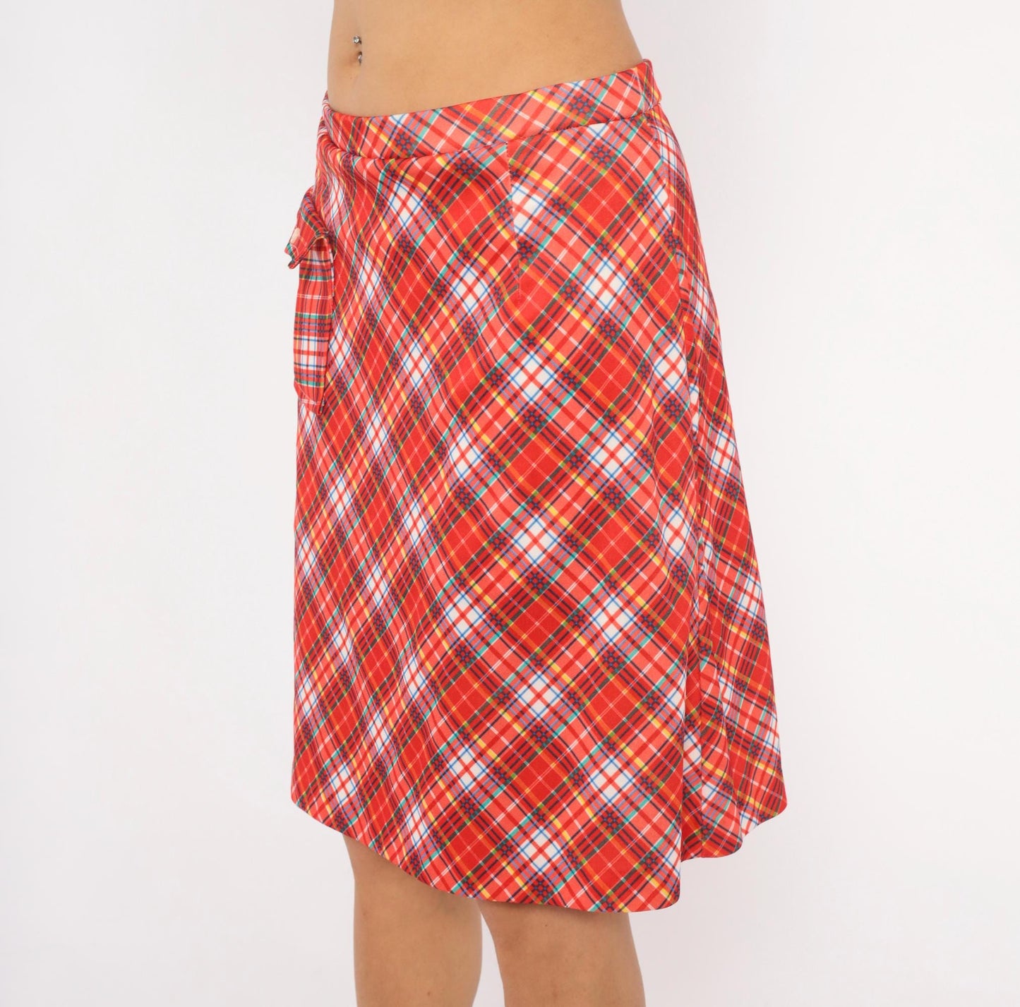 70s Red Tartan Plaid Skort A-Line Knee Length Built-In Shorts Medium Large