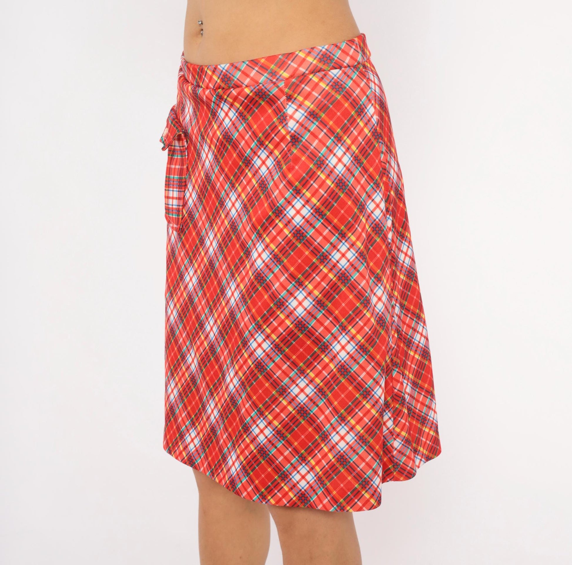 70s Red Tartan Plaid Skort A-Line Knee Length Built-In Shorts Medium Large
