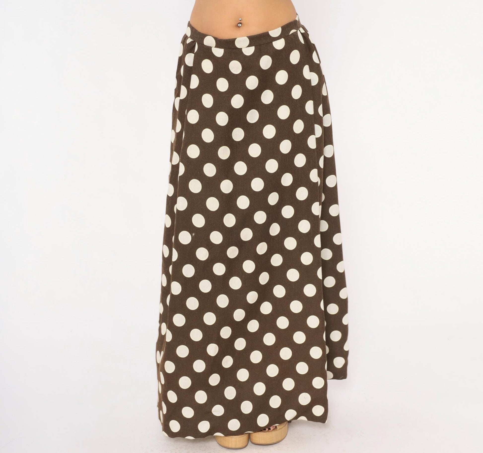 70s Brown Cream Polka Dot Maxi Skirt A-Line Cotton Gathered Waist Medium