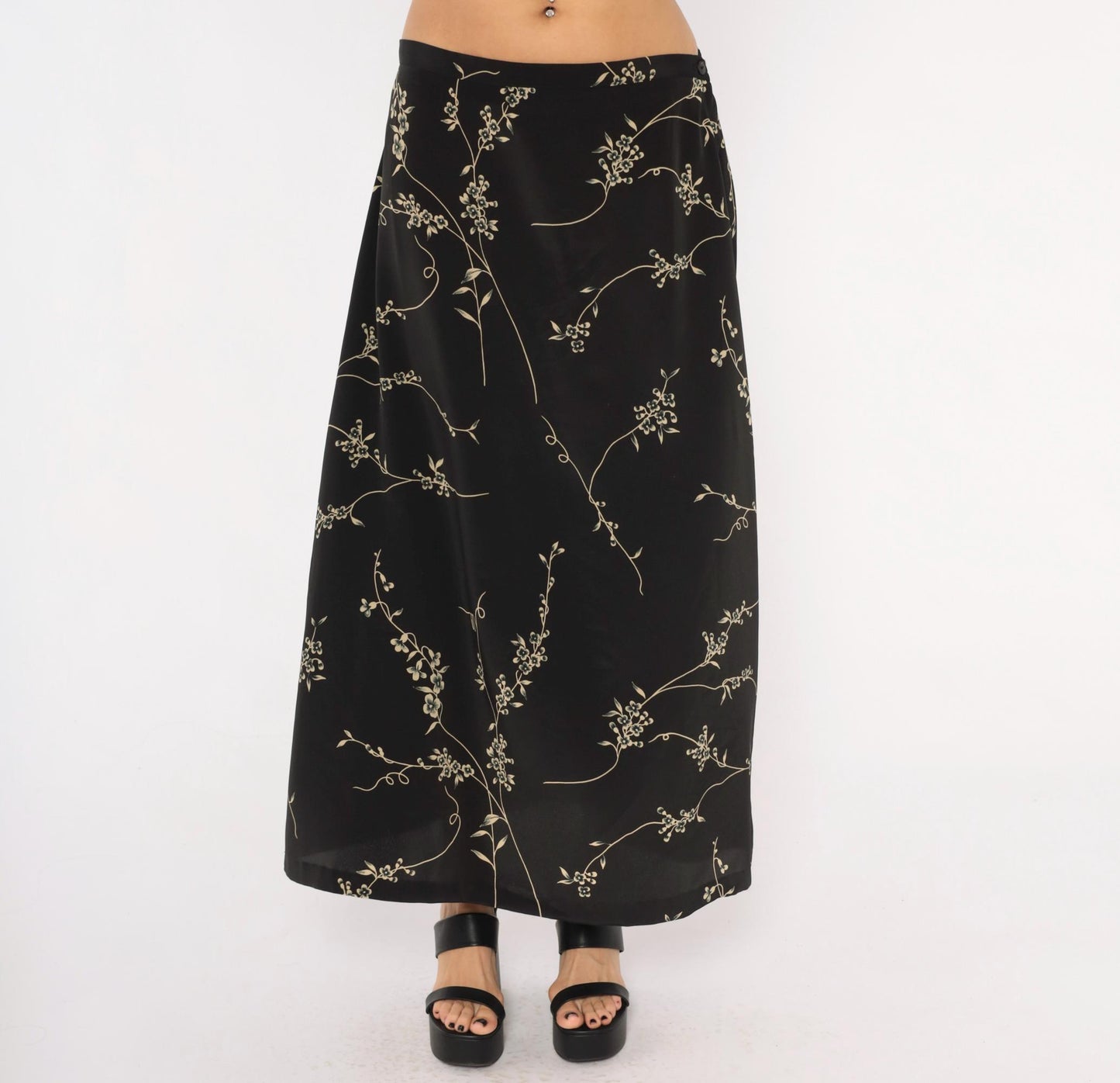 90s Studio C Cherry Blossom Maxi Skirt Black Tan Floral Elastic Waist Extra Large
