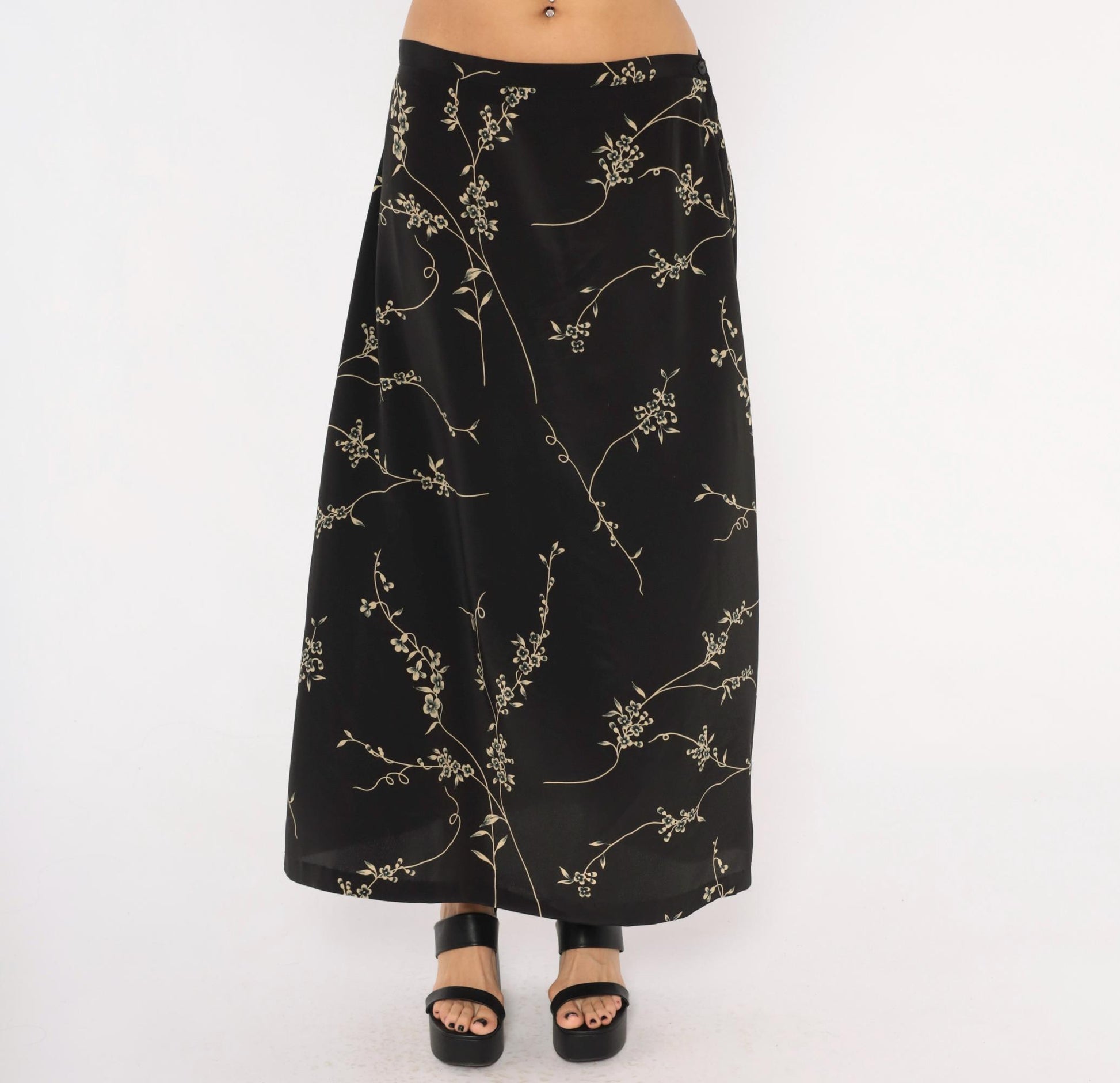 90s Studio C Cherry Blossom Maxi Skirt Black Tan Floral Elastic Waist Extra Large