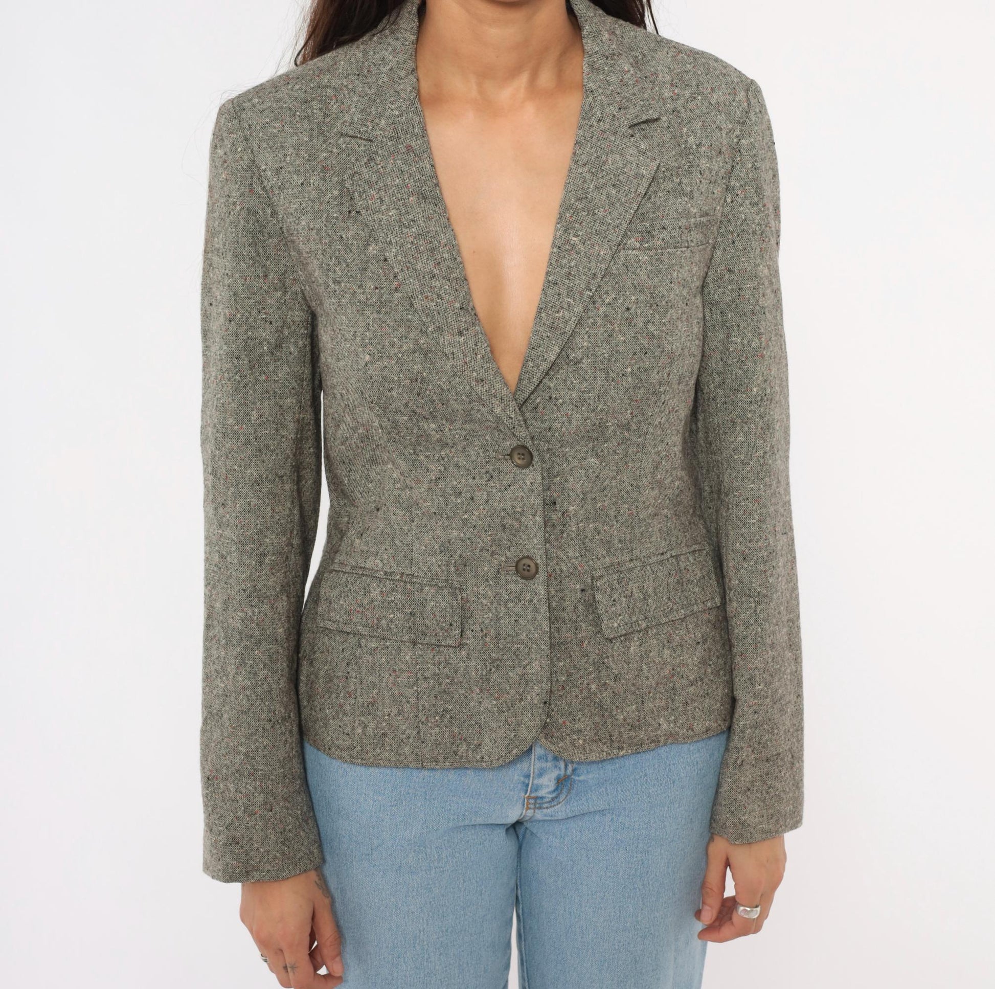 80s Pendleton Tweed Blazer Grey Wool Notched Lapel Fitted Small S