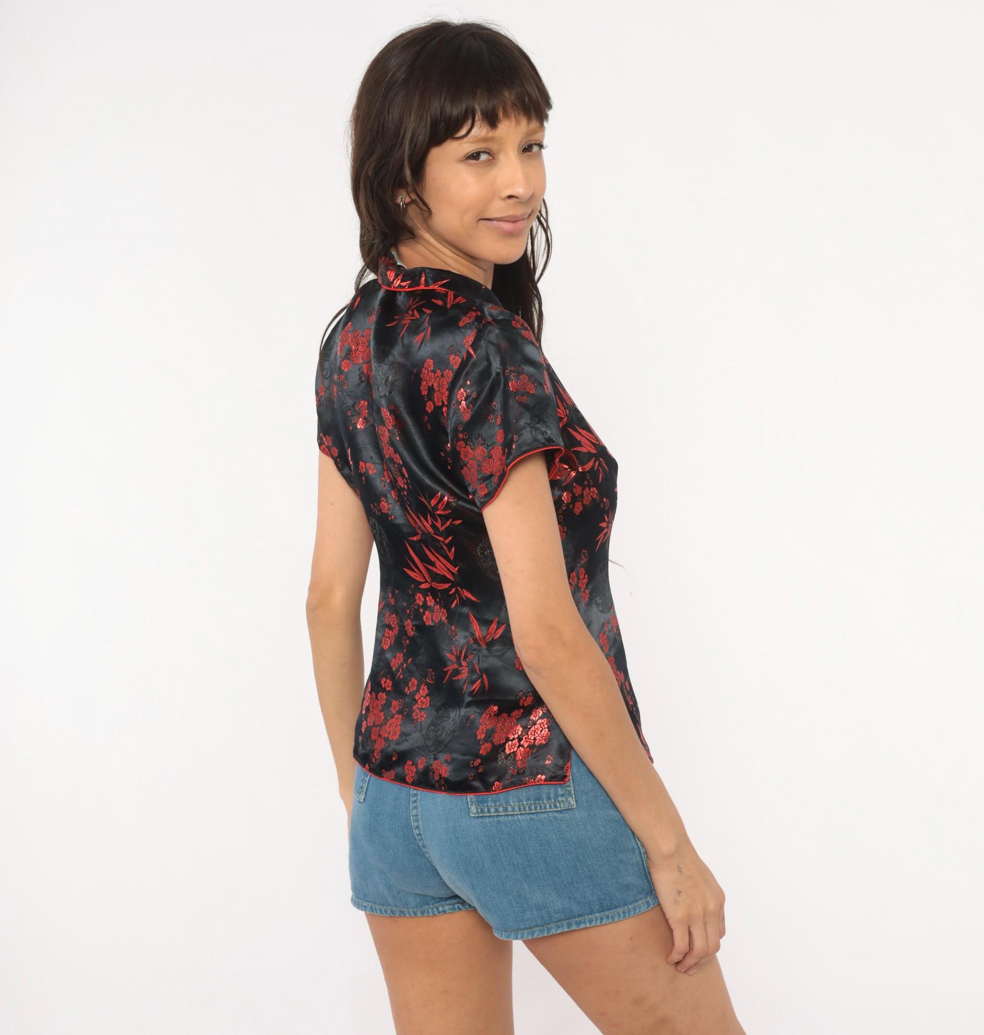 2000s Black Red Silk Cheongsam Top Mandarin Collar Brocade Medium M