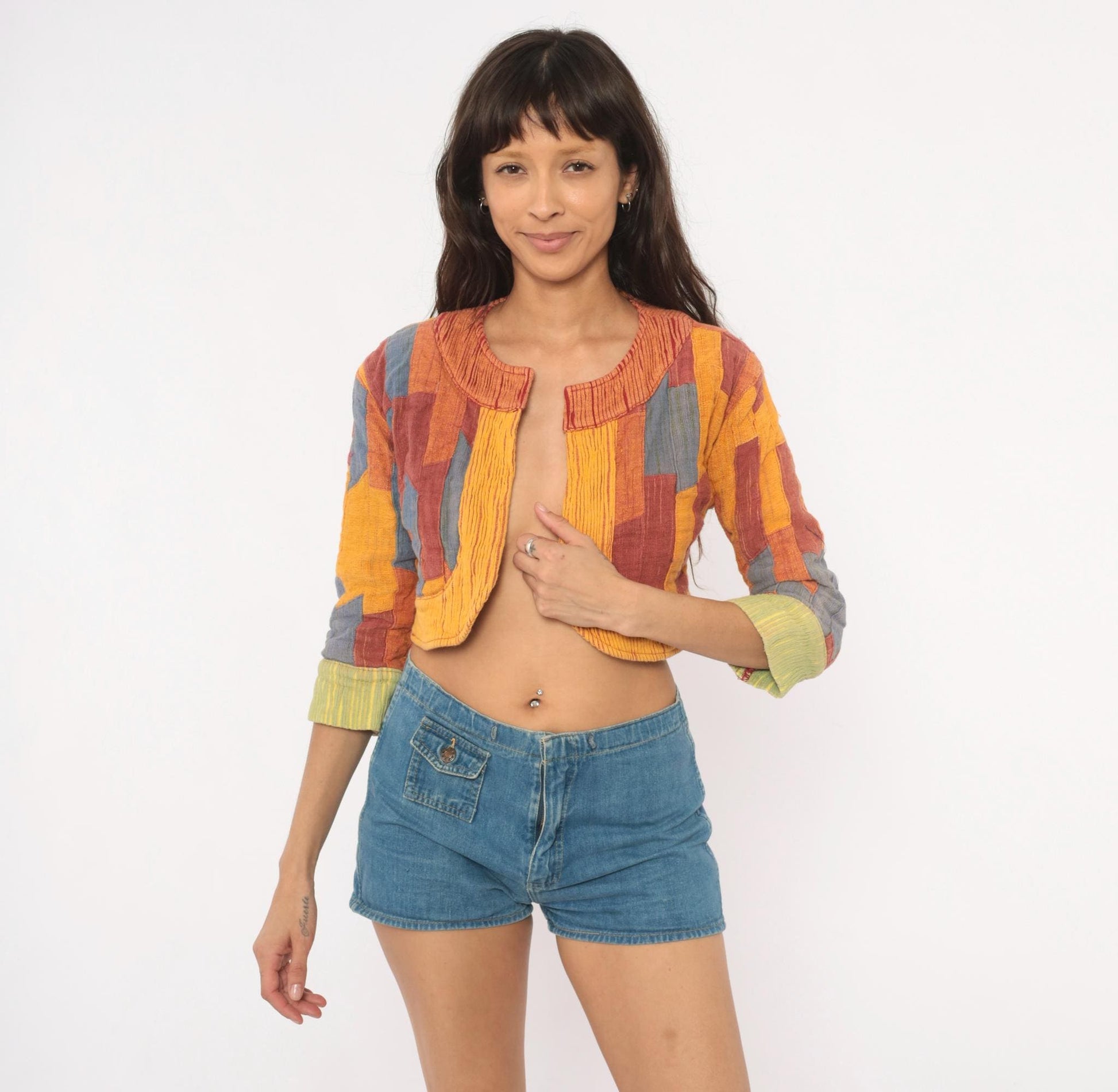 2000s Patchwork Cropped Bolero Jacket Mustard Burgundy Blue Cotton Small