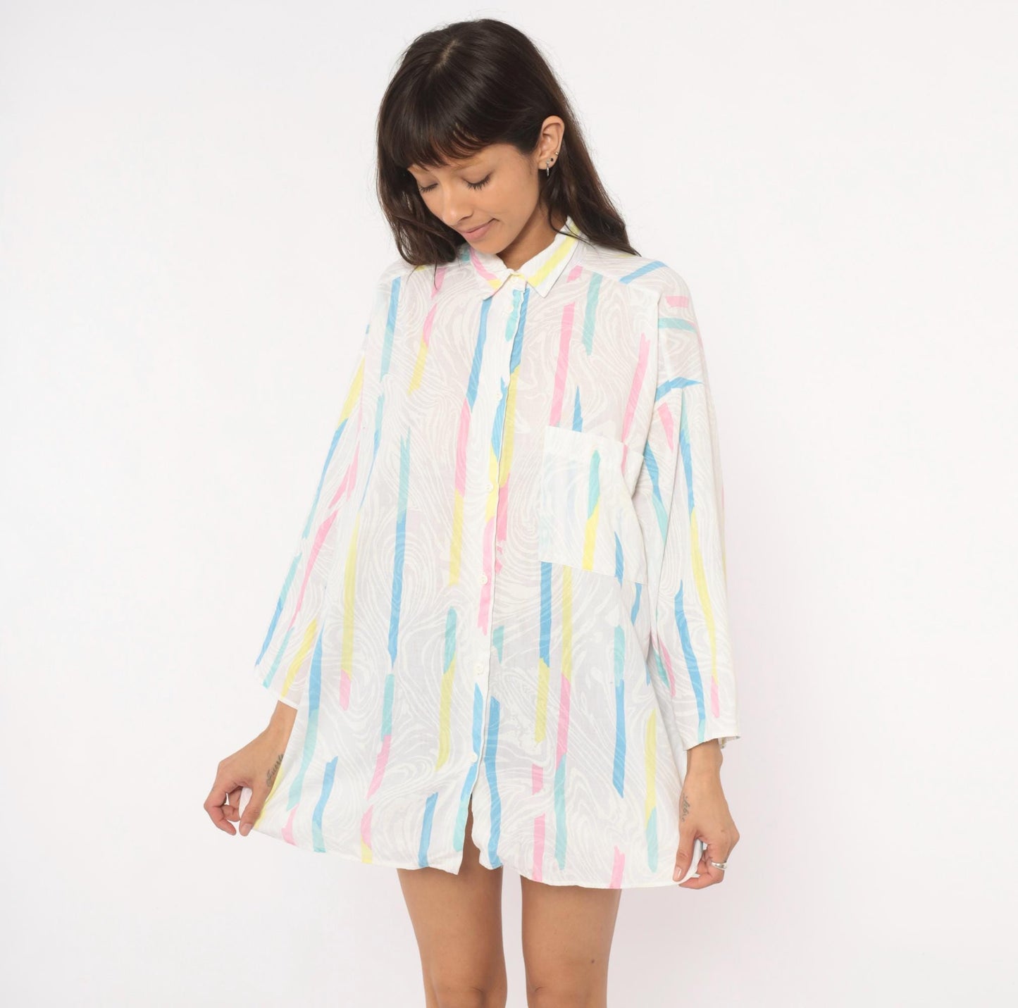 90s Ardmore Abstract Brushstroke Button Blouse Pink Blue Yellow Large L