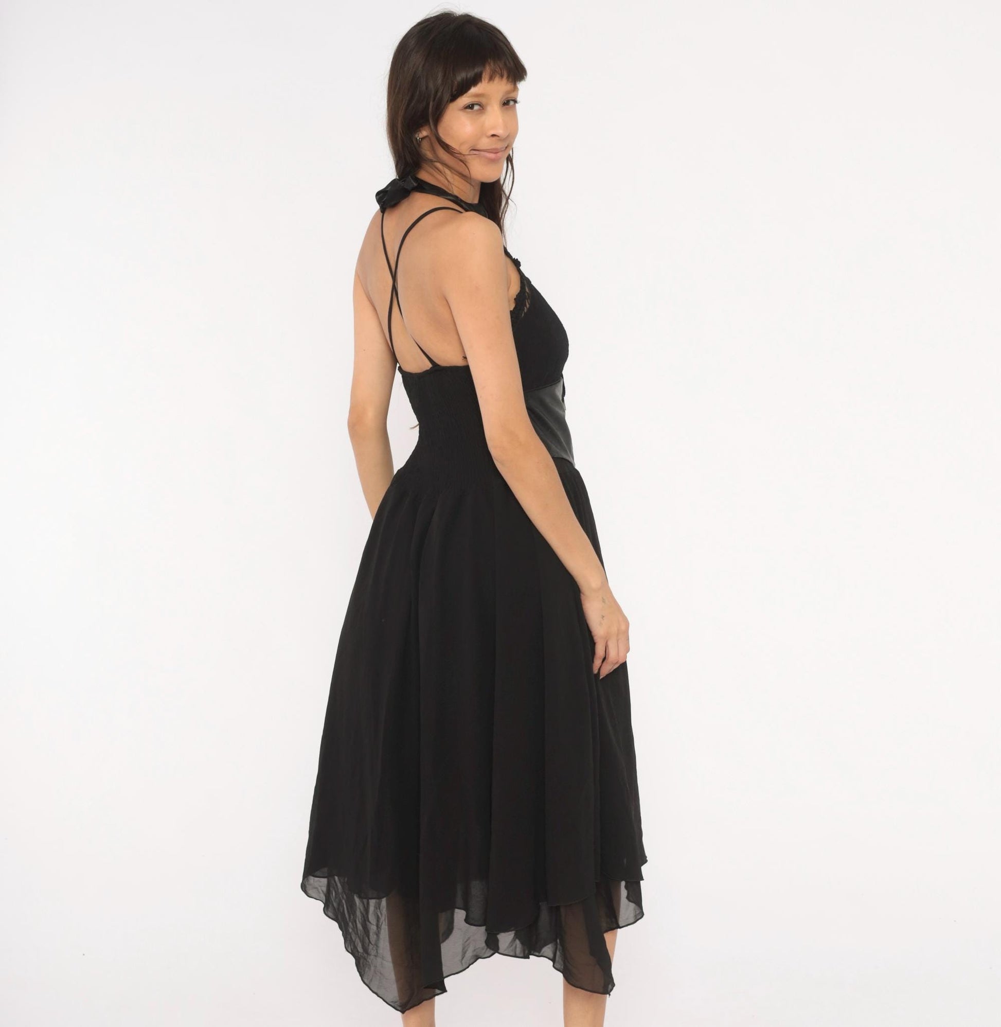 2000s Black Lace Corset Halter Midi Dress Chiffon Handkerchief Hem Plus Size XXL