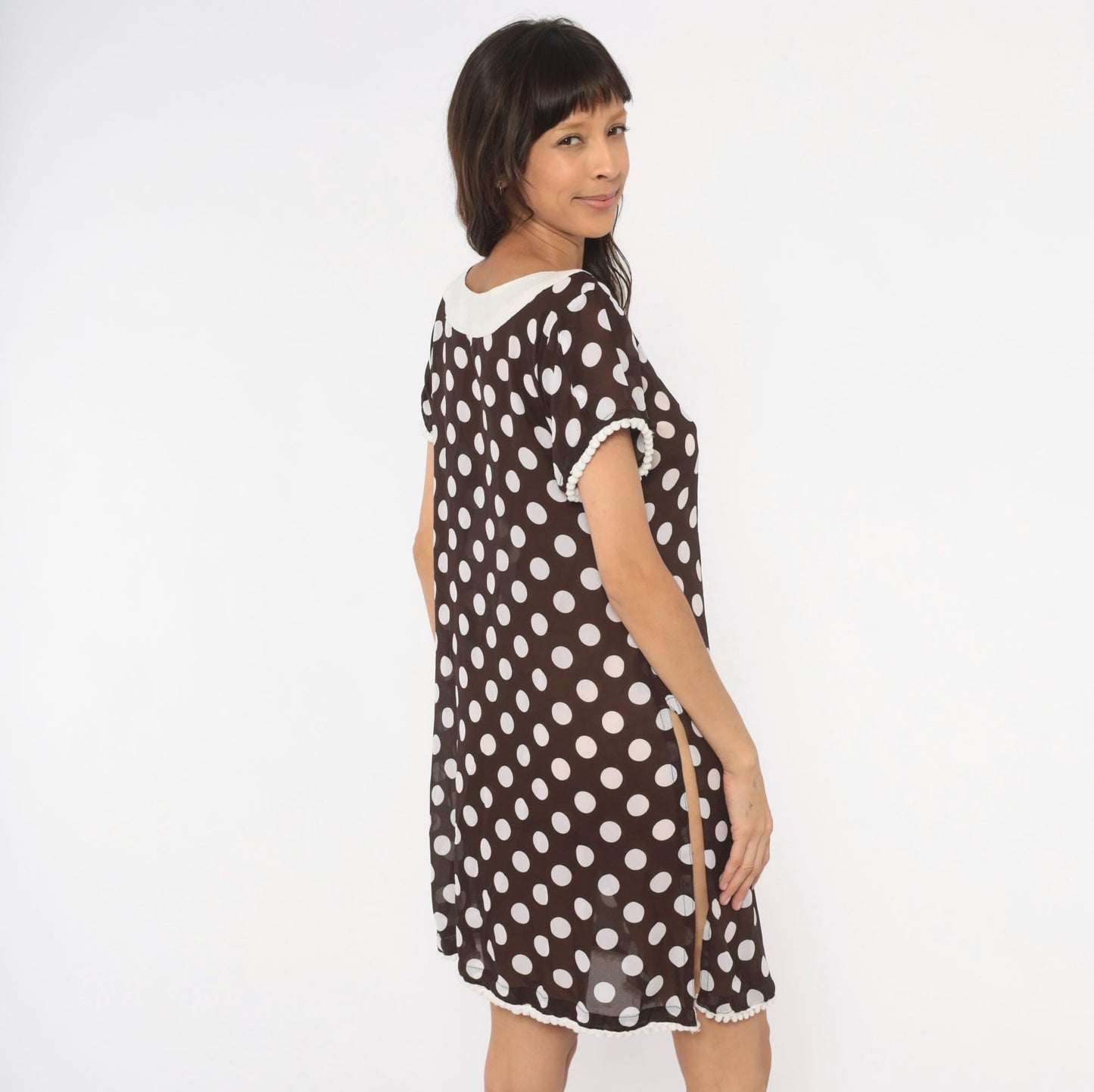 Y2K Polka Dot Babydoll Dress Brown Cream Pom Pom Trim Shift Mini Medium M