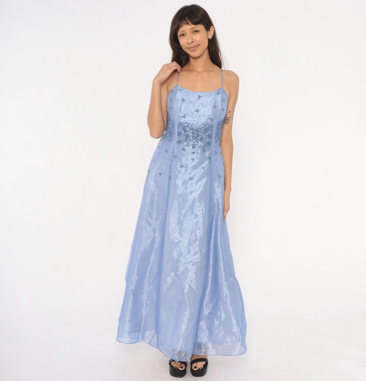90s Kiki USA Periwinkle Beaded Gown Butterfly Embellished Strapless Organza Medium M