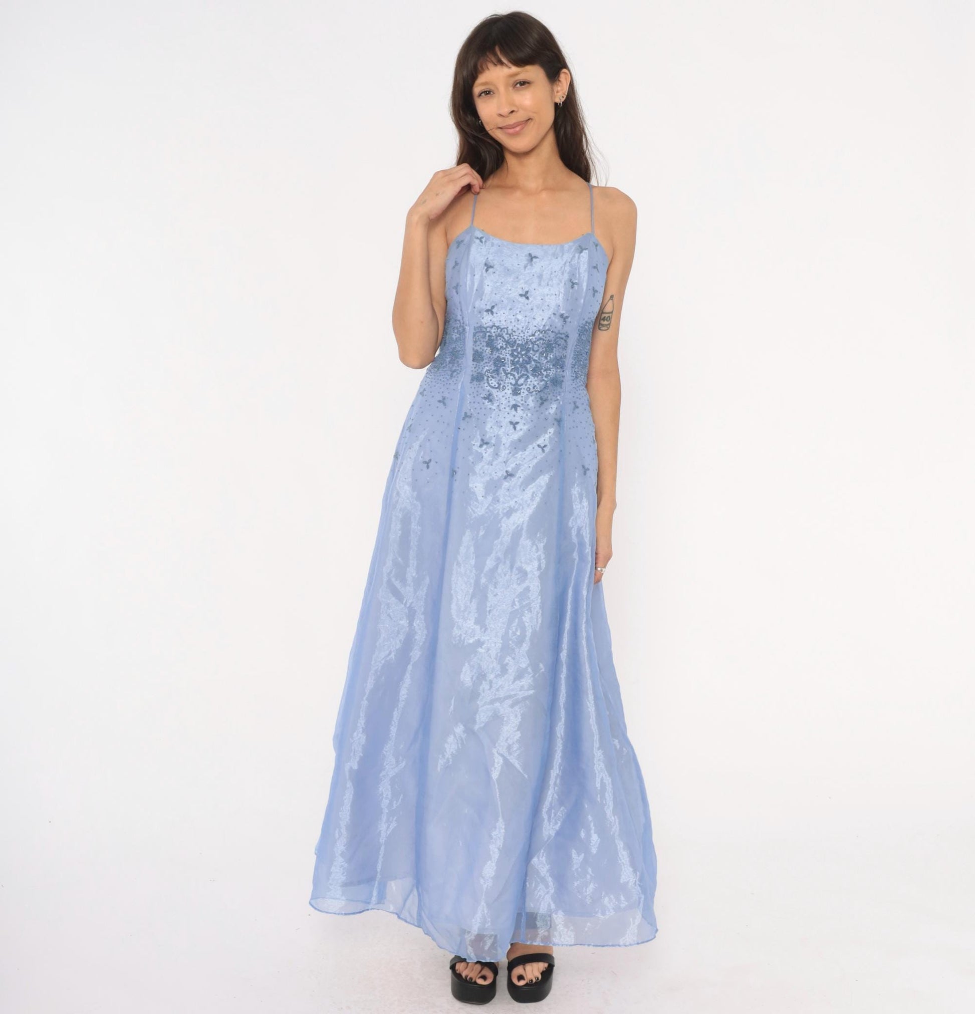 90s Kiki USA Periwinkle Beaded Gown Butterfly Embellished Strapless Organza Medium M