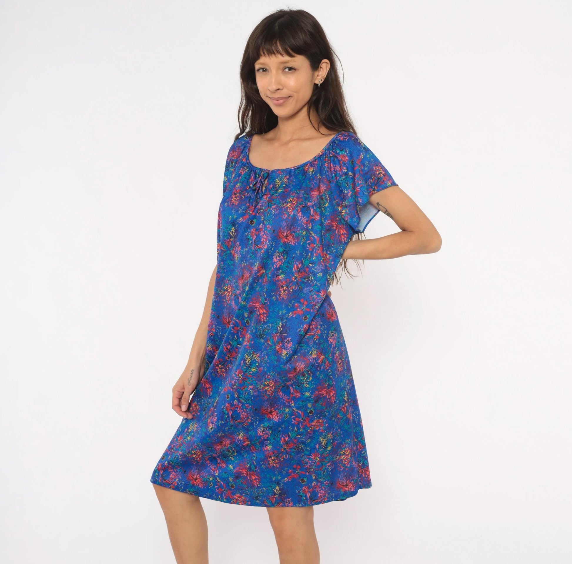 70s Improved Living Floral Shift Dress Cobalt Blue Knee-Length XL