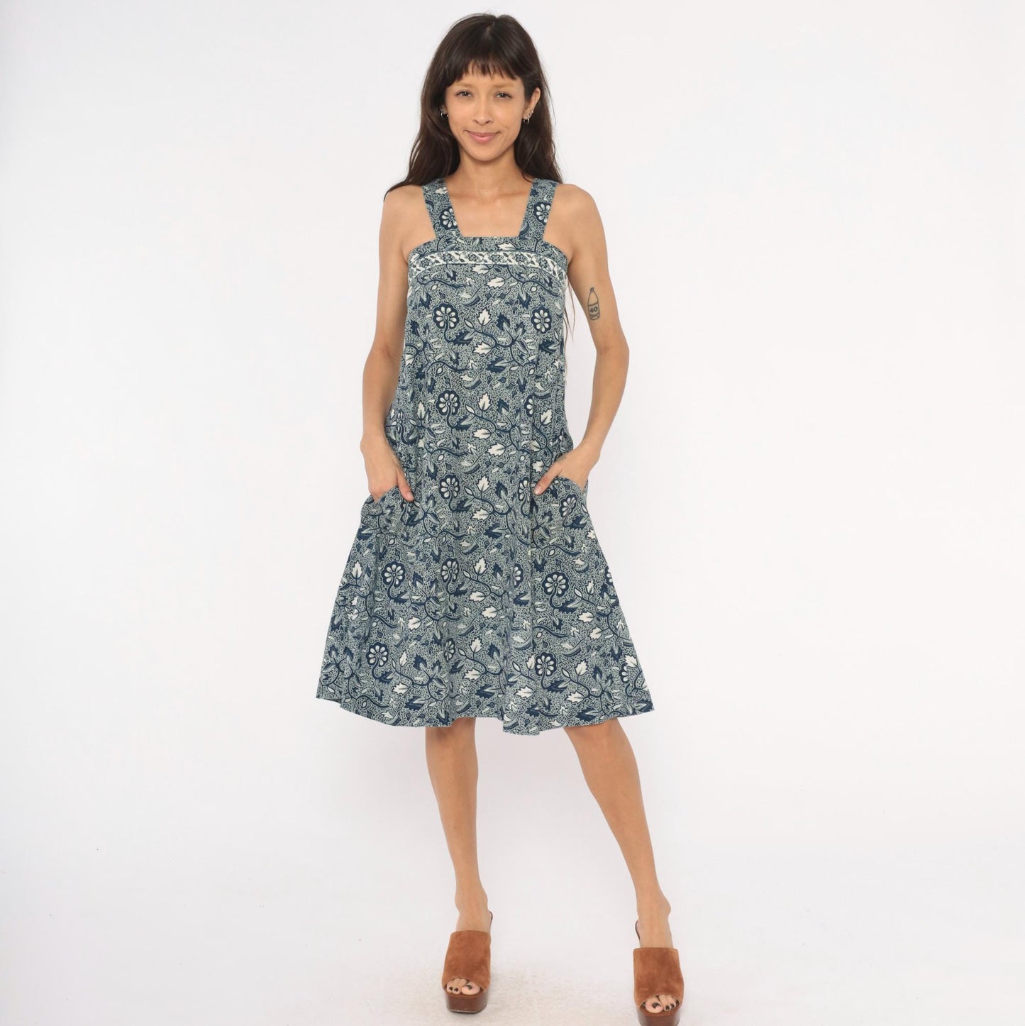 90s Navy Batik Floral Sundress Cotton Square Neck Knee-Length Extra Small XS