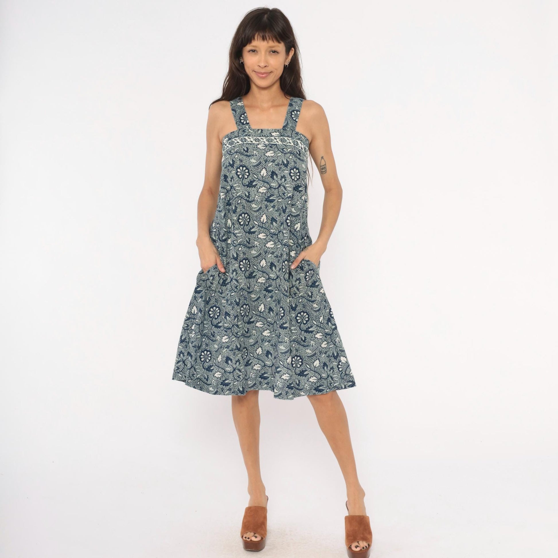 90s Navy Batik Floral Sundress Cotton Square Neck Knee-Length Extra Small XS