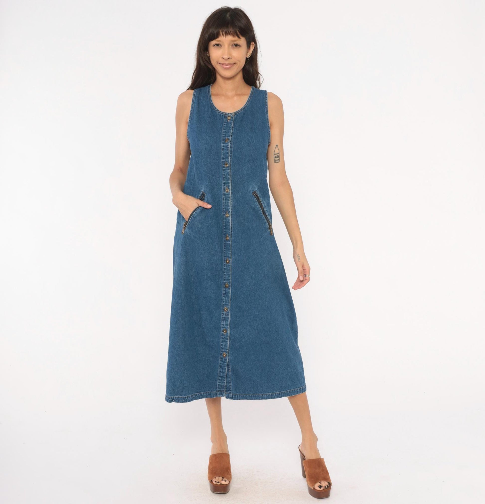 90s Original Ty2 Denim Jumper Dress Midi Button Front Cotton Navy Extra Small