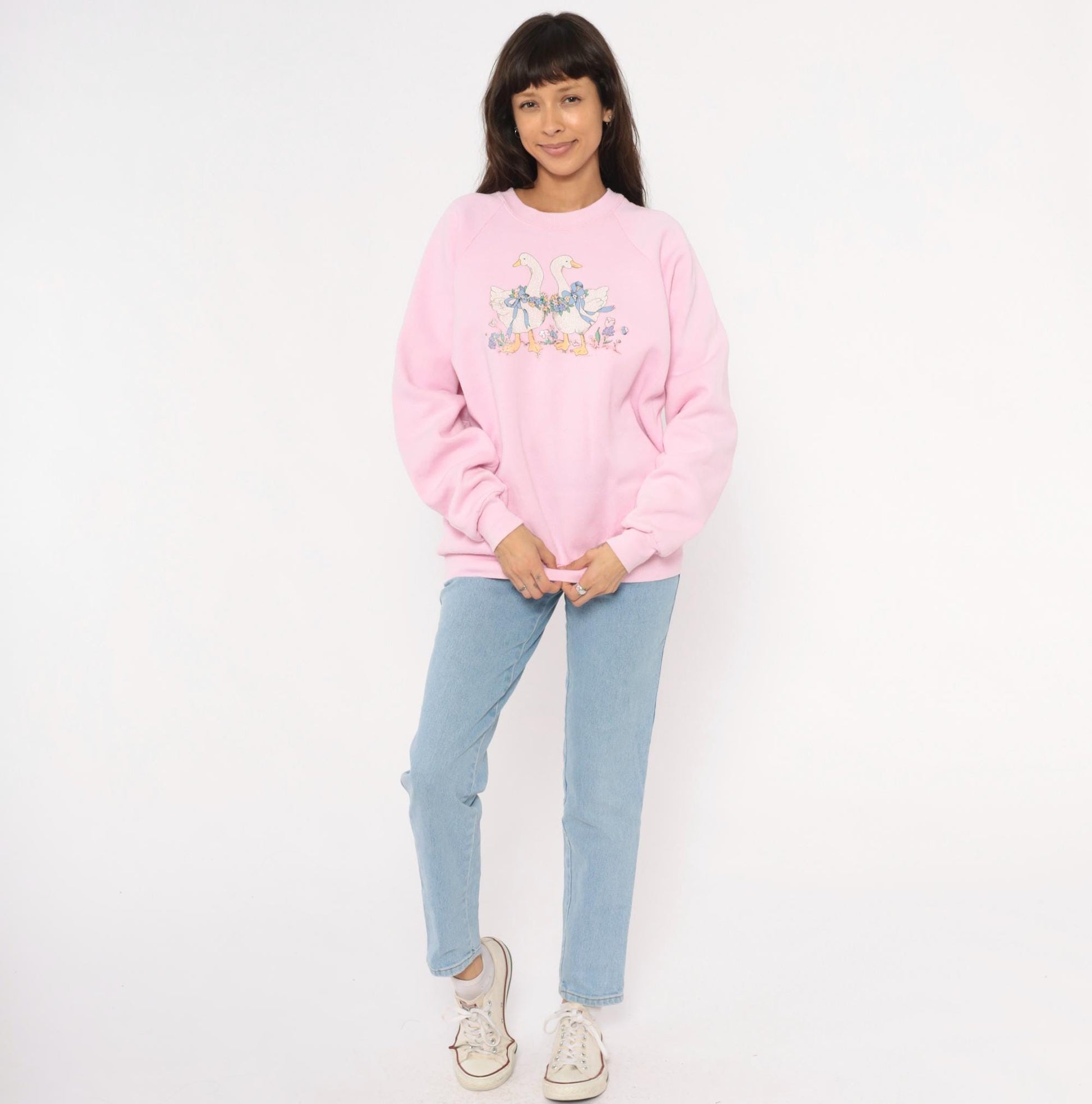 90s Pink Geese Crewneck Sweatshirt Raglan Sleeve Floral Graphic Cotton Large L