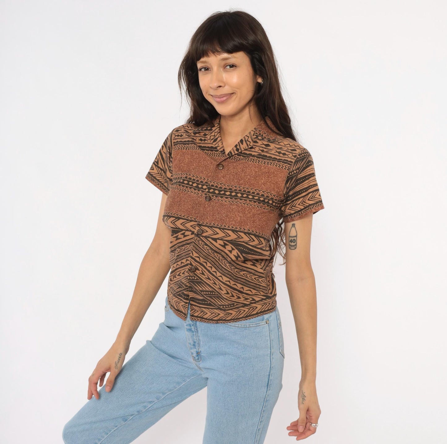 90s Tribal Print Button Camp Collar Shirt Brown Black Geometric XXS