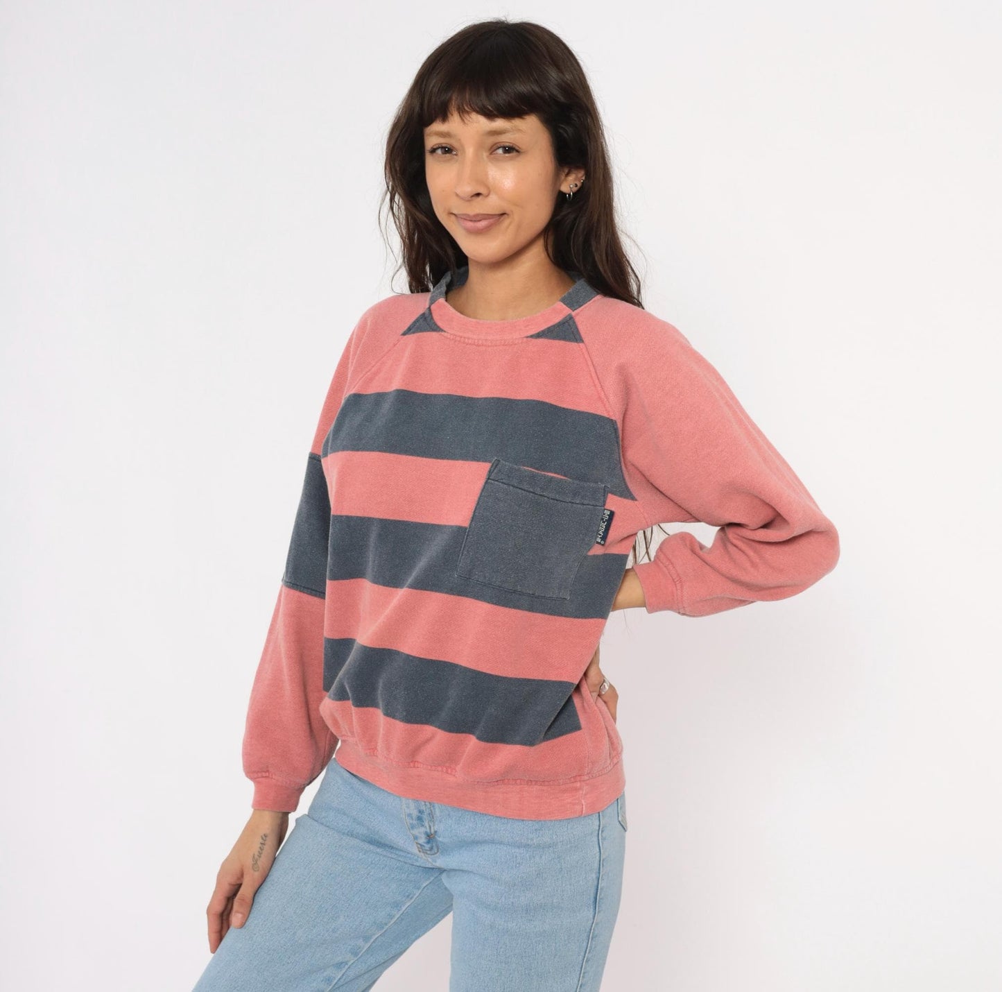 90s Saturdays Pink Navy Striped Rugby Sweatshirt Raglan Sleeve Medium