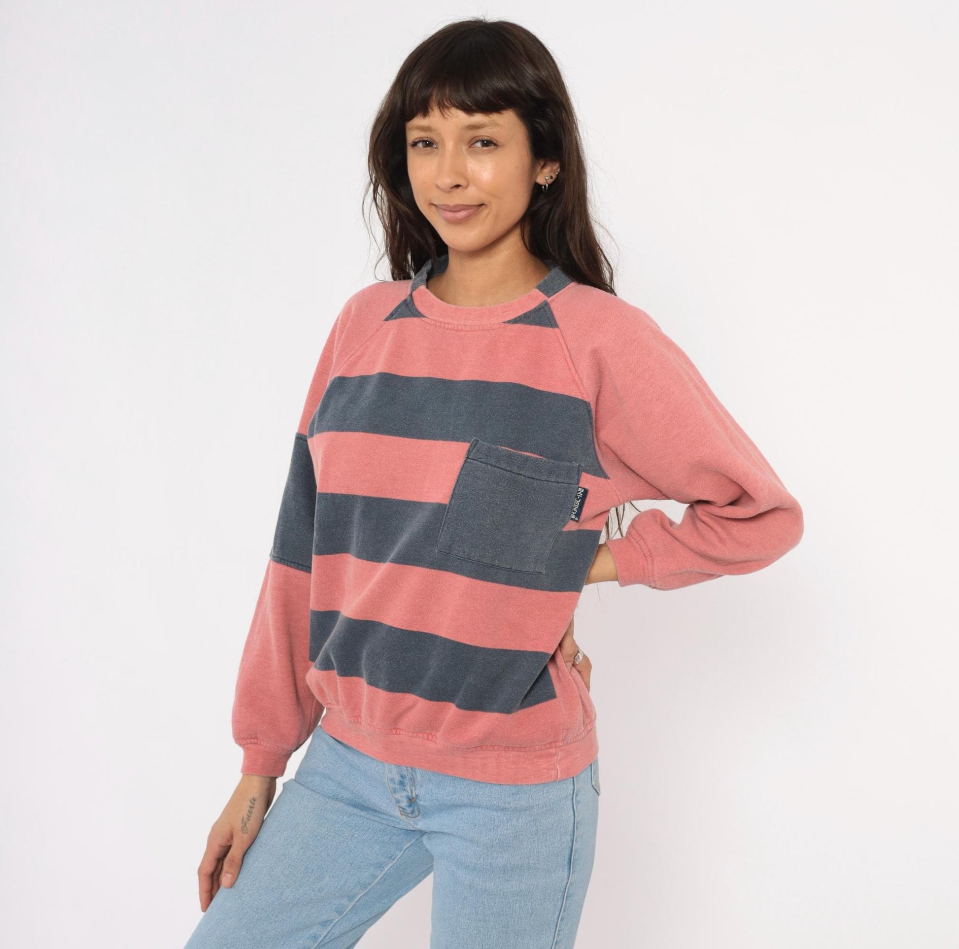 90s Saturdays Pink Navy Striped Rugby Sweatshirt Raglan Sleeve Medium