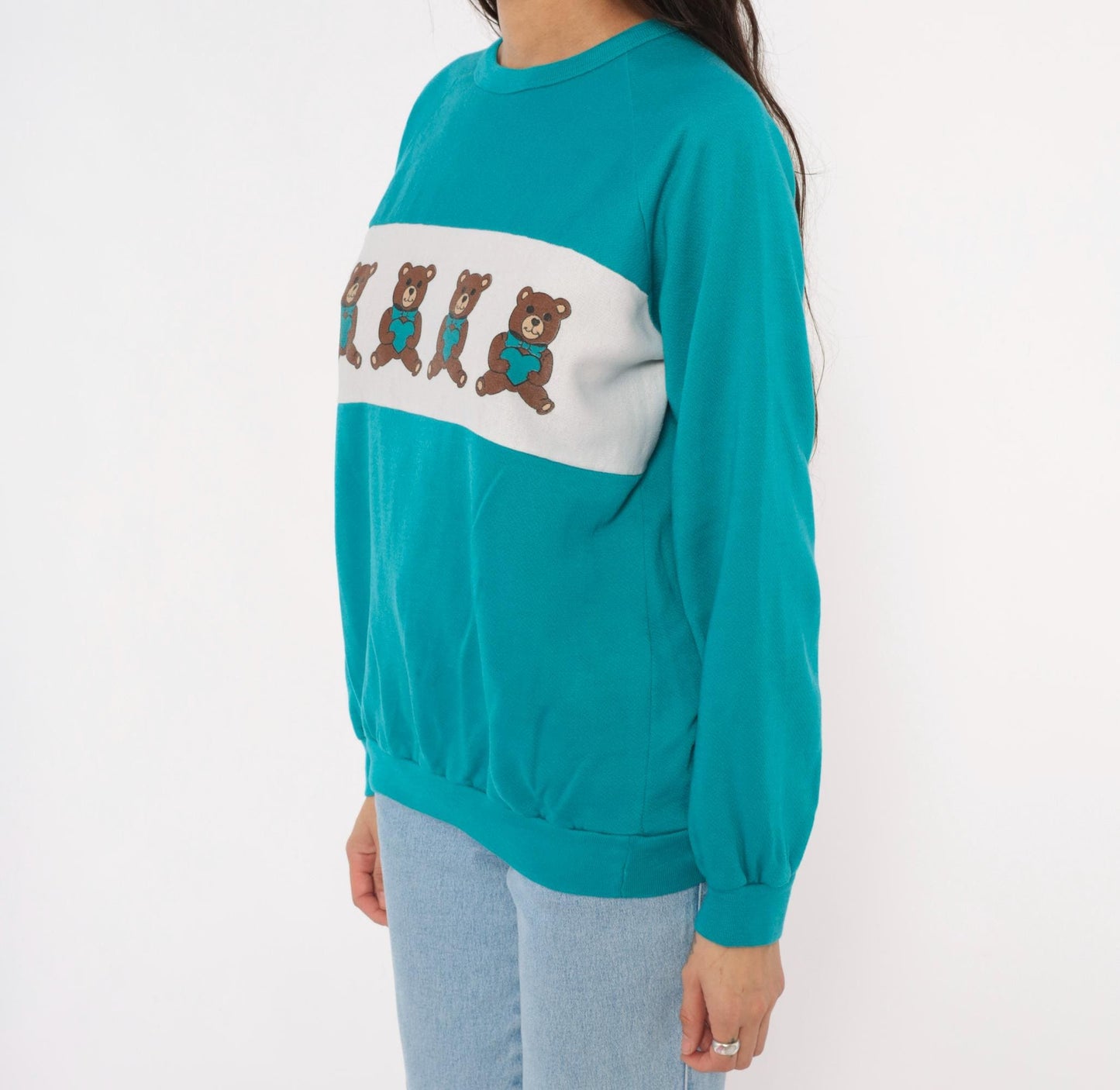 90s Teddy Bear Teal Crewneck Sweatshirt White Colorblock Raglan Medium