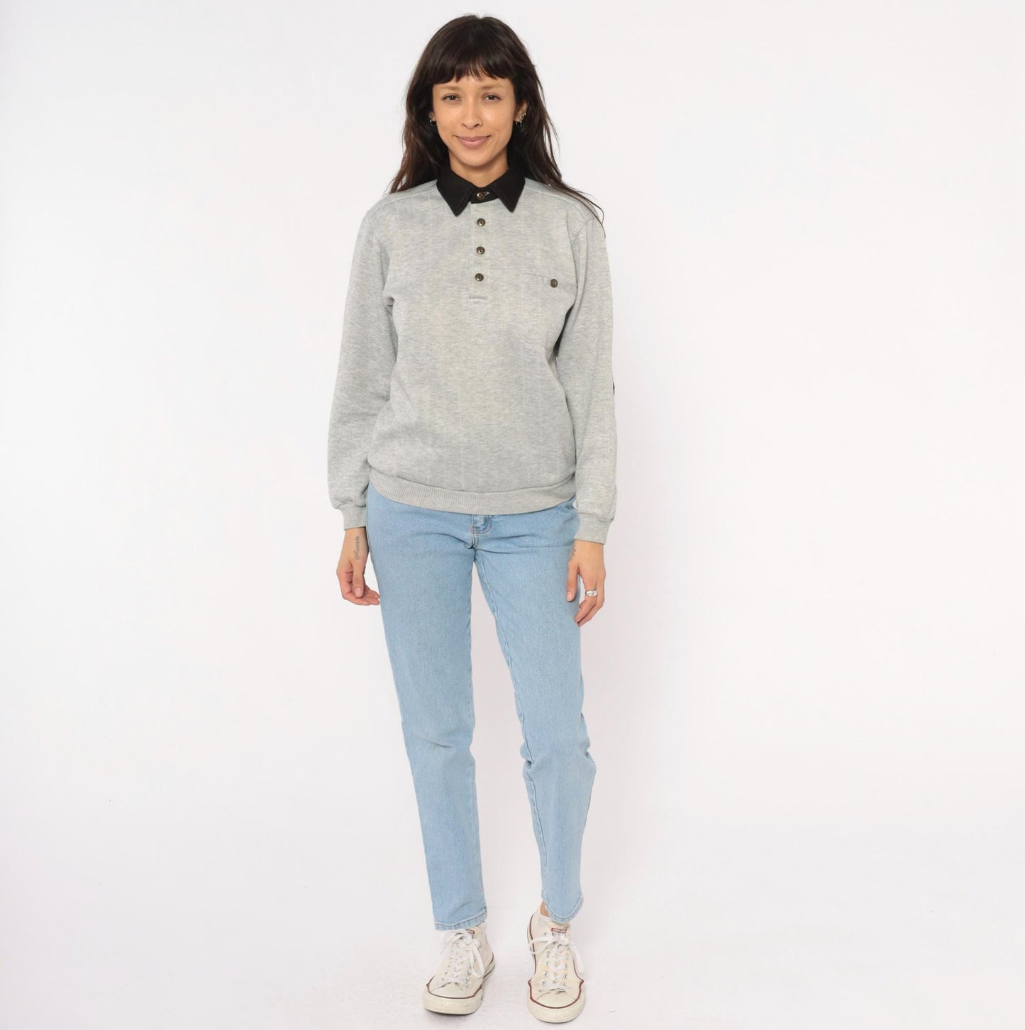 90s Scandia Woods Henley Sweatshirt Black Collar Elbow Patch Grey Small