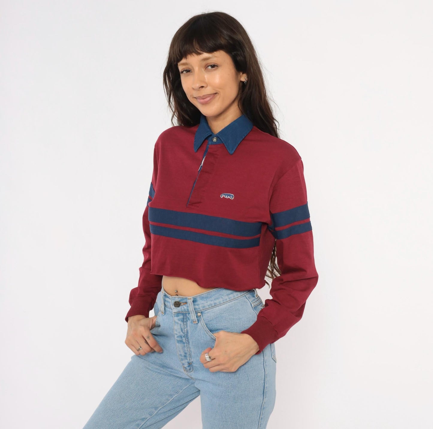 80s Burgundy Navy Stripe Cropped Rugby Polo Cotton Small Medium