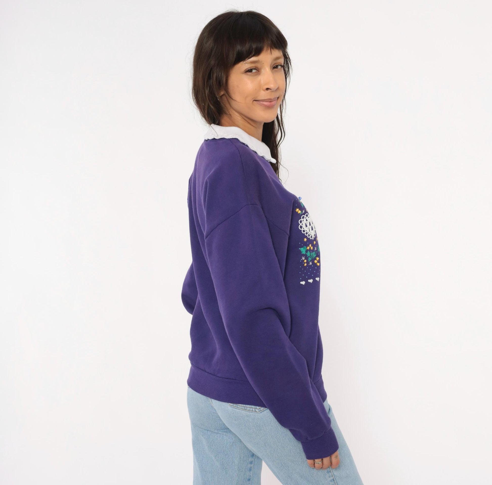 90s PegiGoff Purple Sweatshirt Peter Pan Collar Lace Heart Floral Medium M