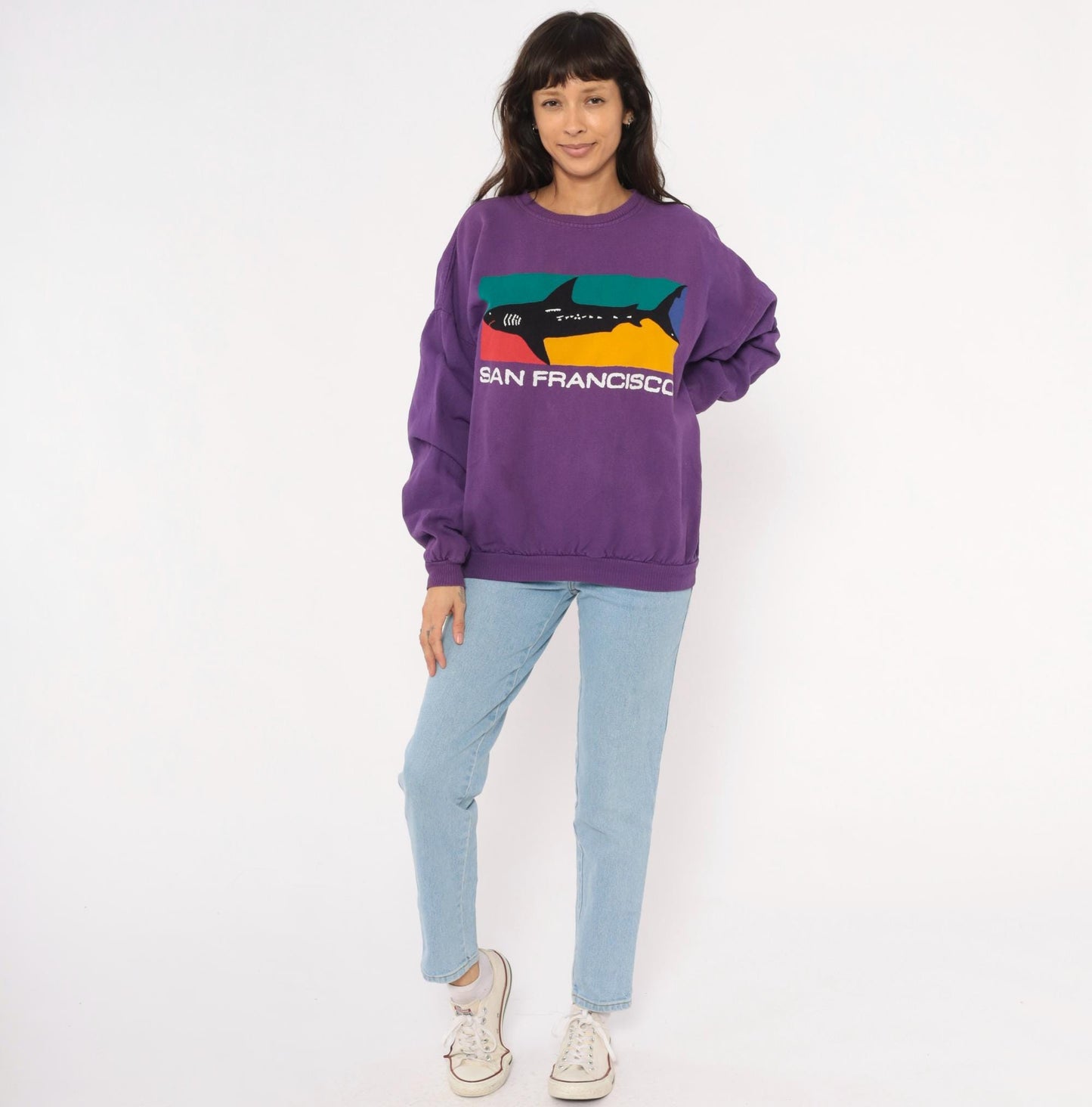 90s Crazy Shirt San Francisco Shark Colorblock Sweatshirt Purple Medium