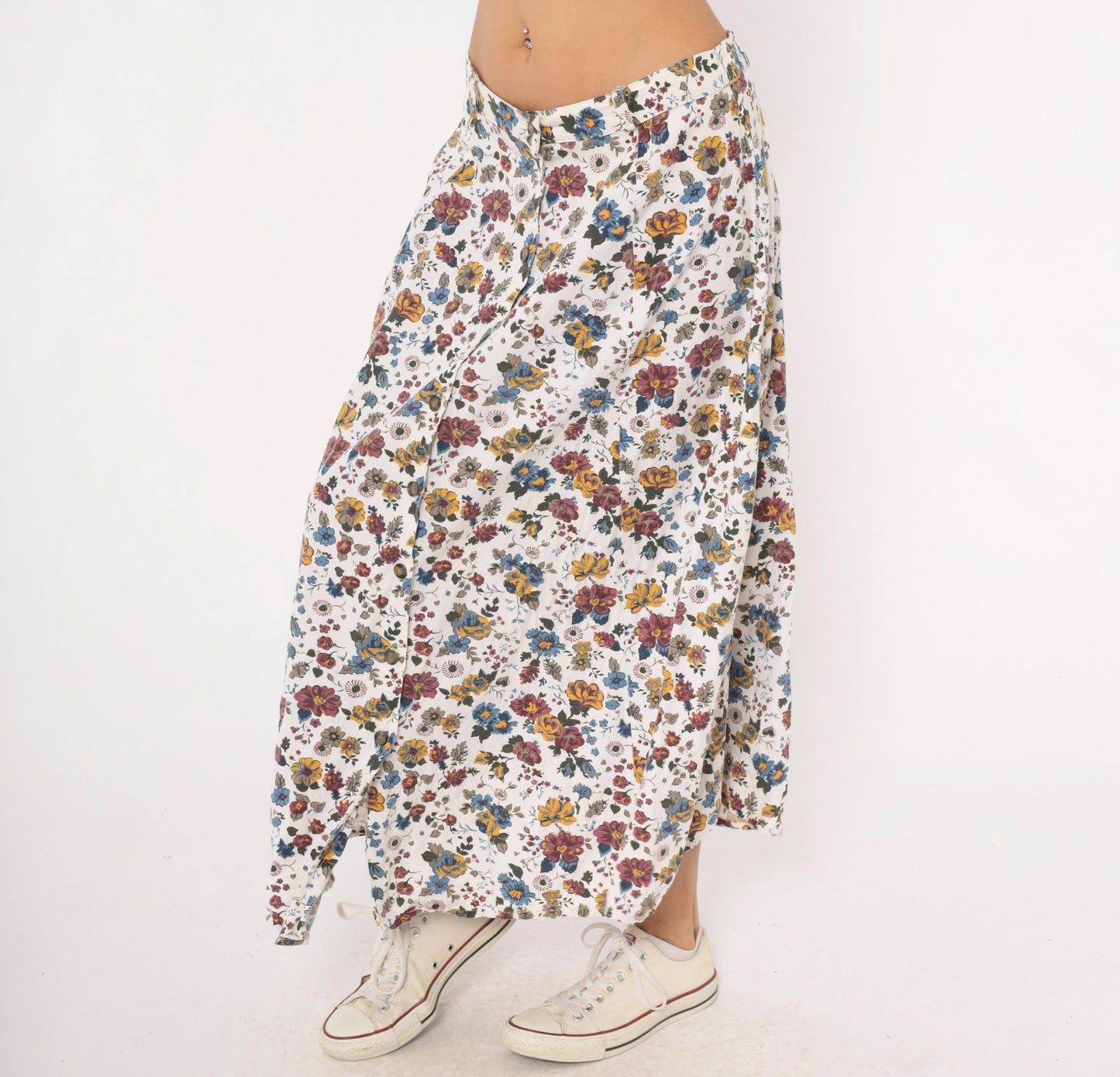 90s White Stag Floral Maxi Skirt Burgundy Mustard Garden Print Large L