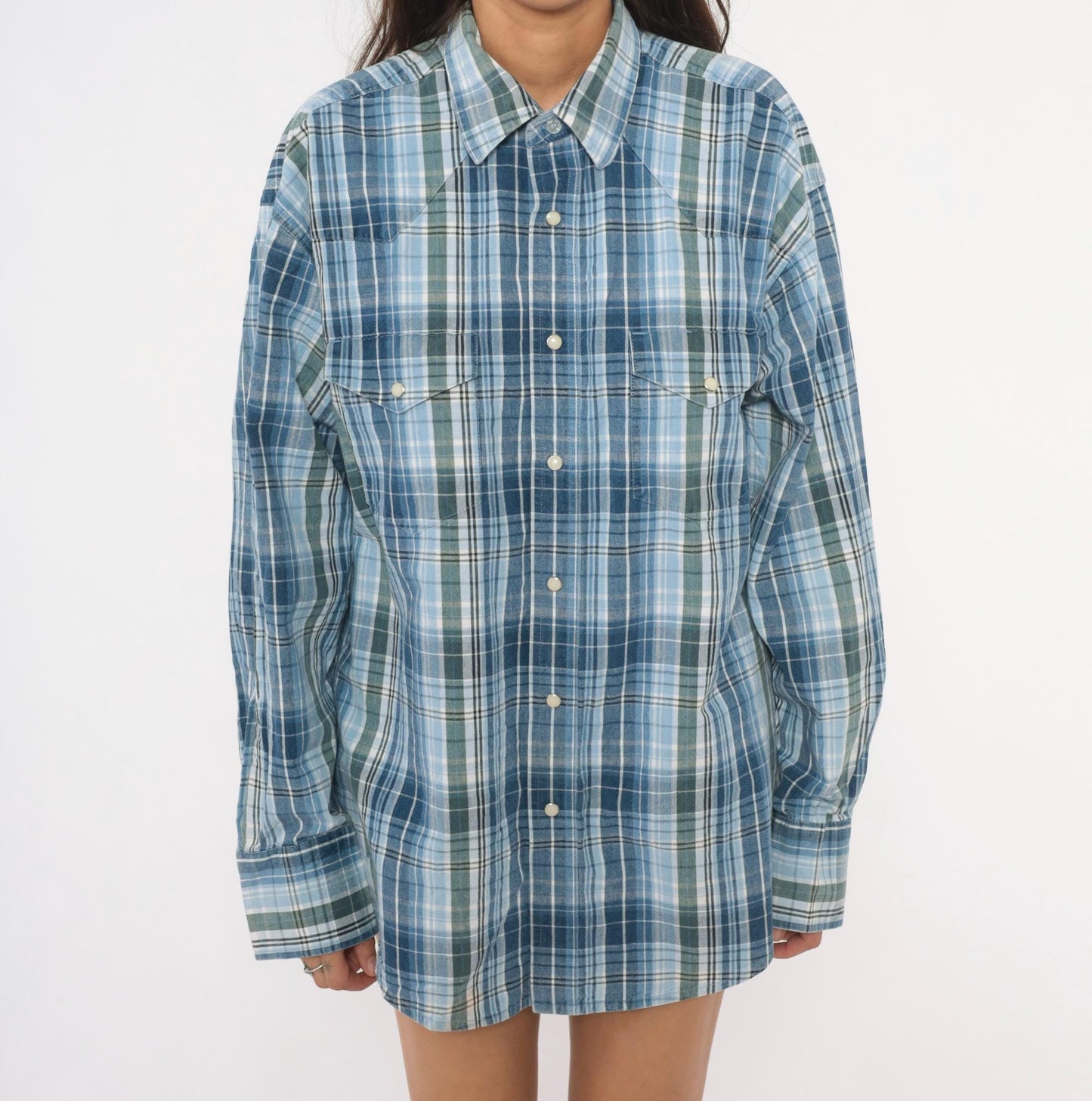 Y2K Wrangler Western Plaid Pearl Snap Shirt Blue Green XXL