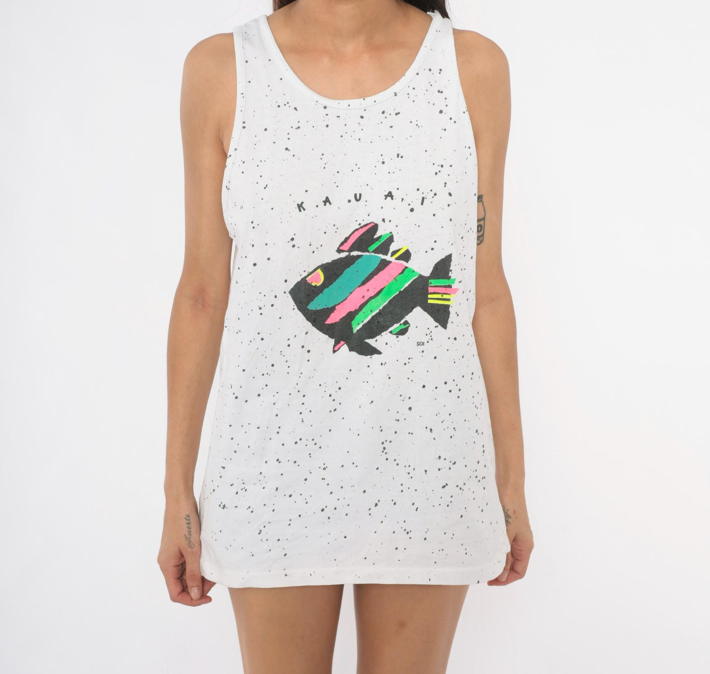 90s Oneita Kauai Fish Tank Top White Splatter Paint Neon Graphic Cotton Large L